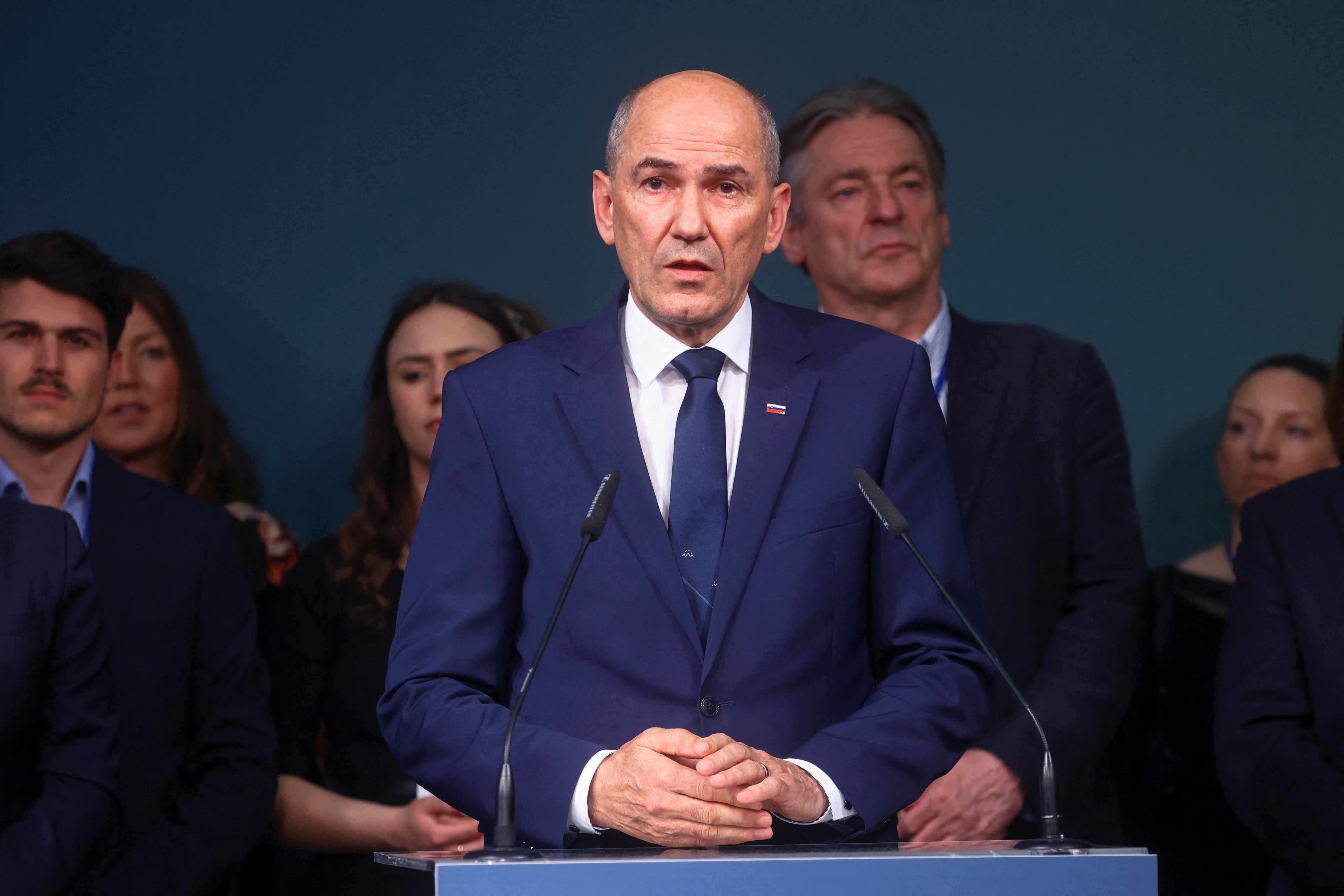 Slovenian Prime Minister Janez Jansa speaks after the end of voting in Slovenia’s parliamentary election, in Ljubljana, Slovenia, 24 April 2022