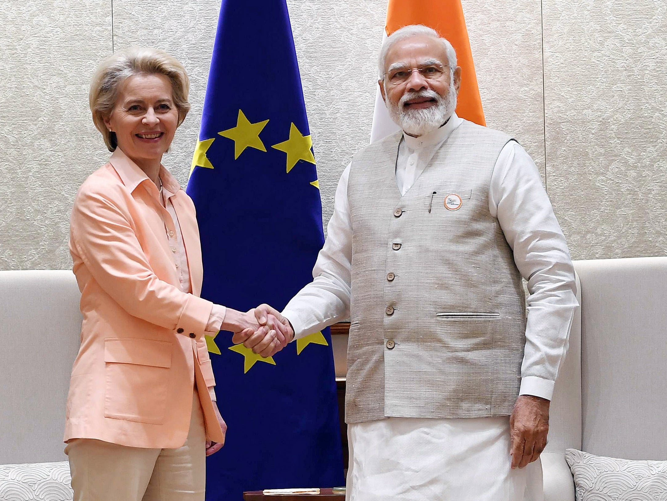 Indian prime minister Narendra Modi (right) with European Commission President Ursula von der Leyen during a meeting in Delhi