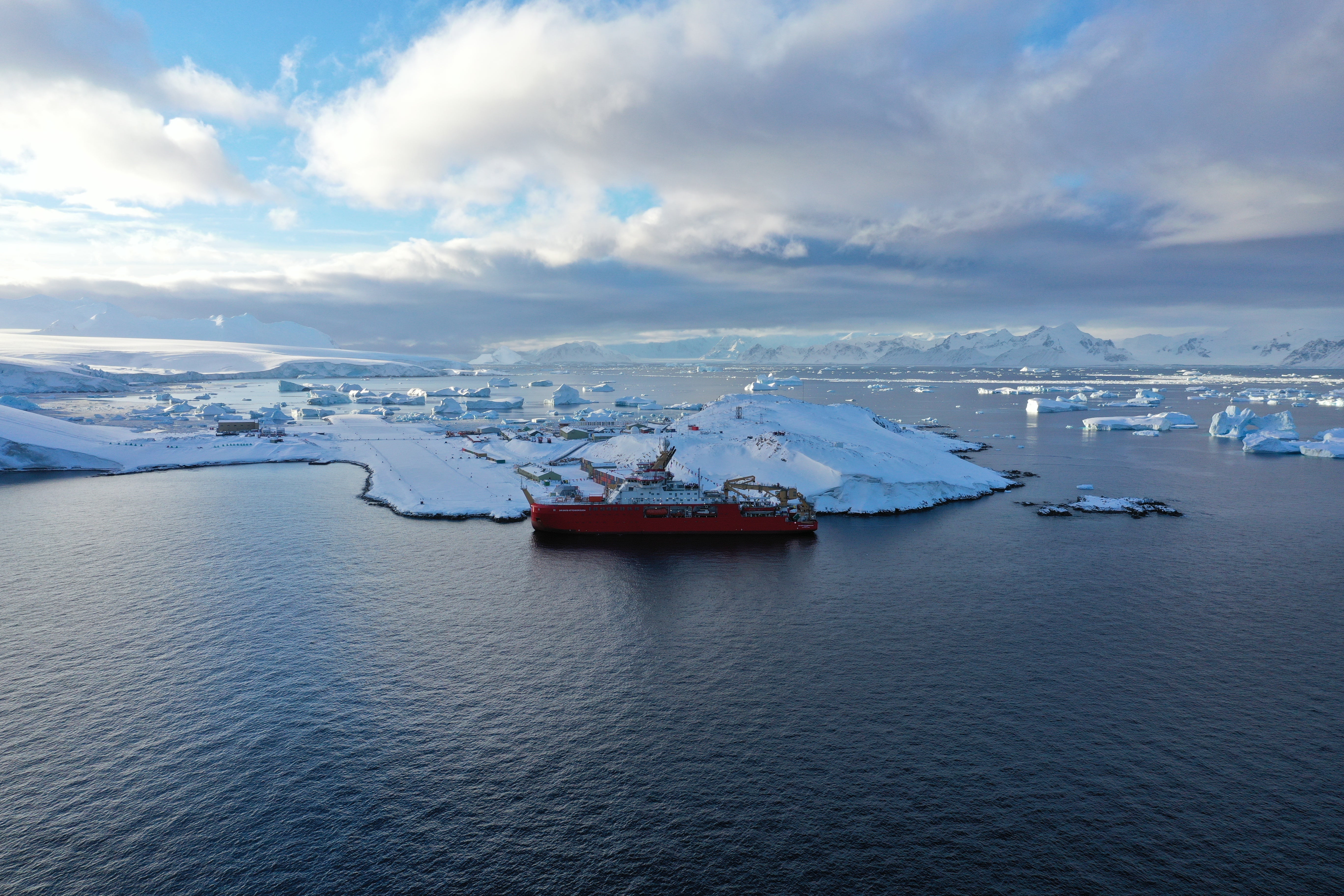 The RRS Sir David Attenborough, docked at Rothera Research Station