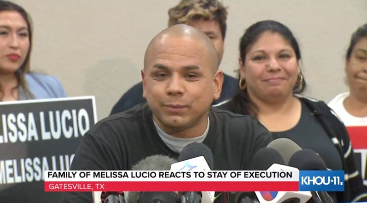 John Lucio speaks at a press conference after his mother is granted a stay of execution