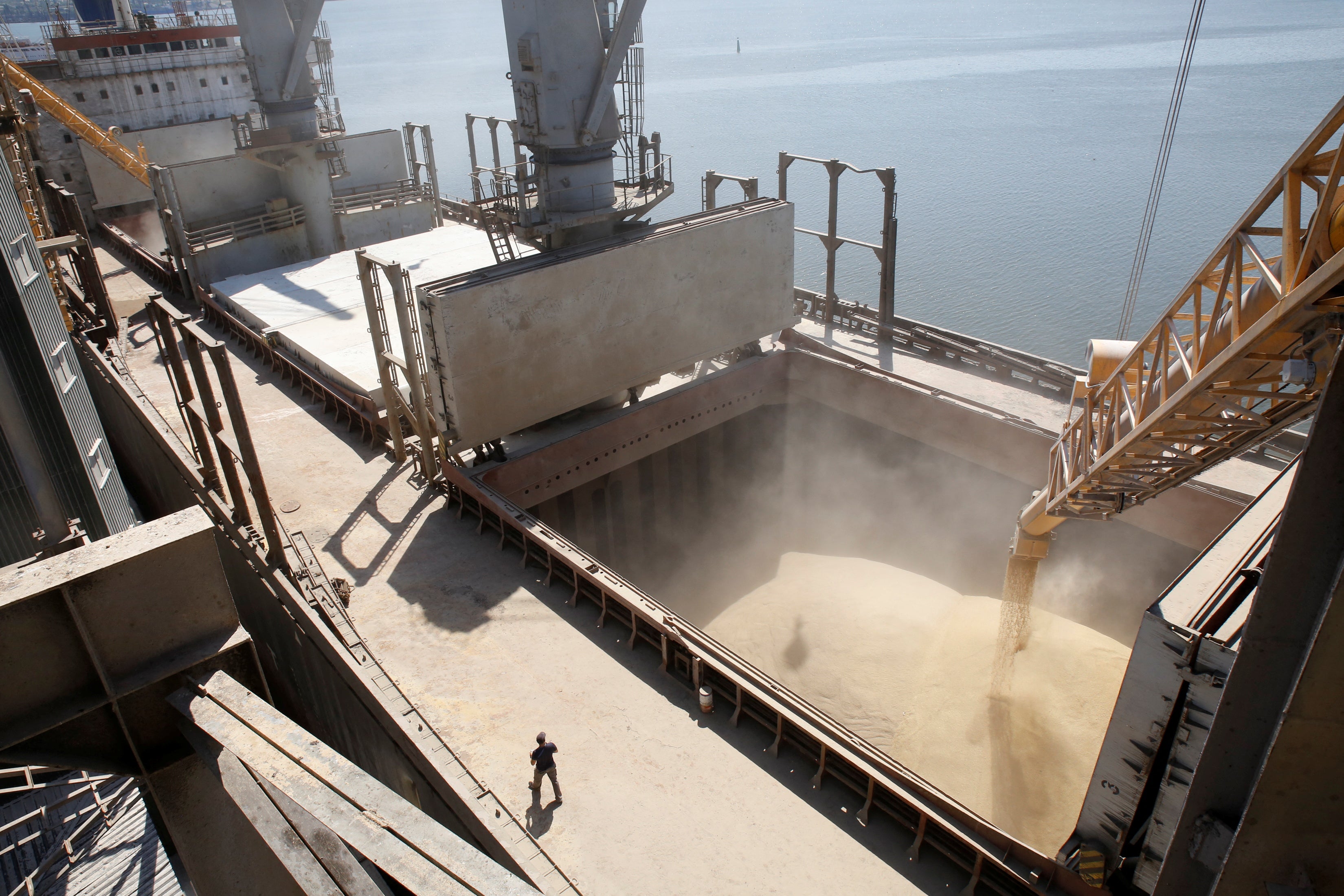 A dockyard worker watches as barley grain is mechanically poured into a 40,000 ton ship at an Ukrainian agricultural exporter’s shipment terminal in the southern Ukrainian city of Nikolaev in 2013