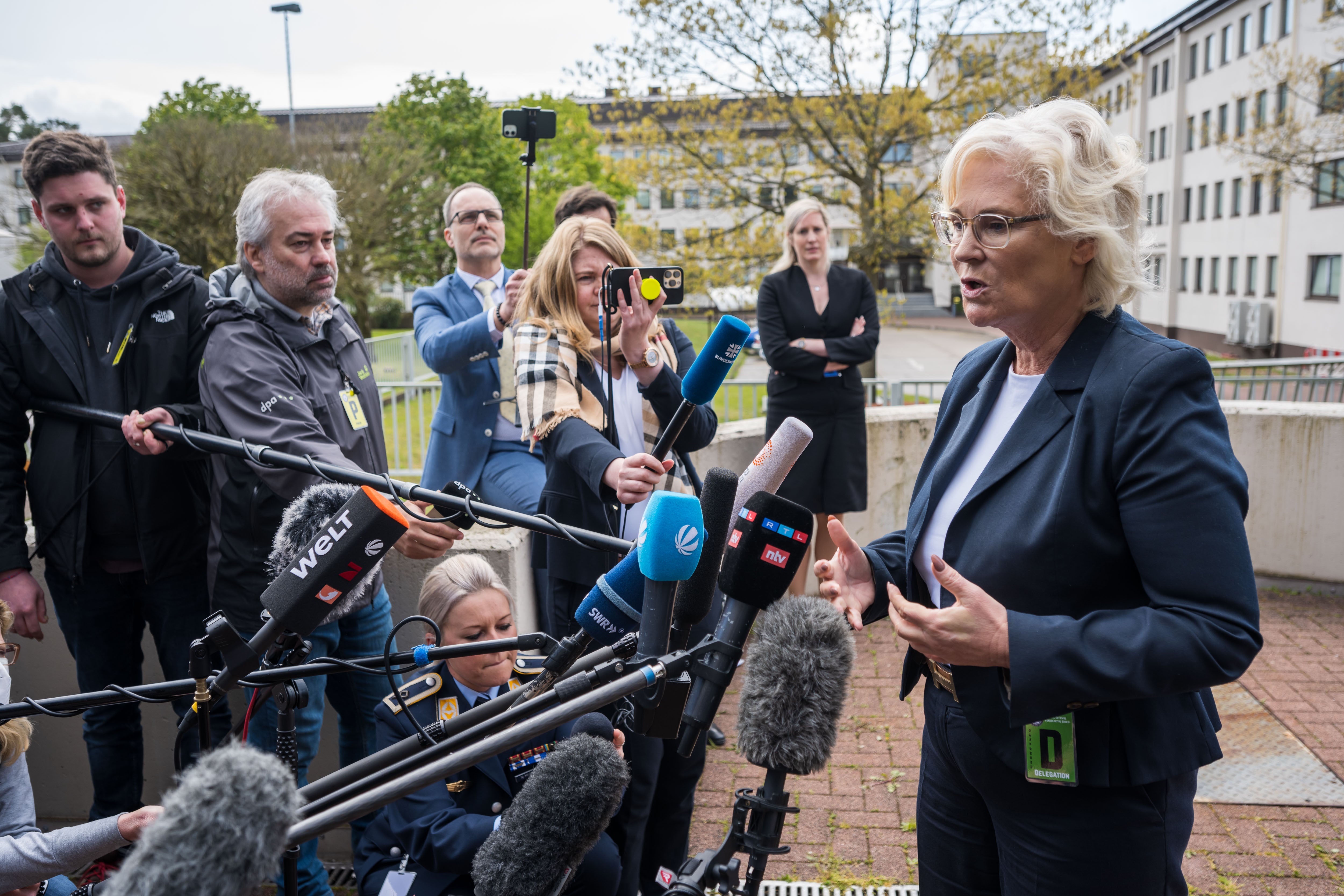 German Defence Secretary Christine Lambrecht speaks to the media during the Ukraine Security Consultative Group meeting at Ramstein air base