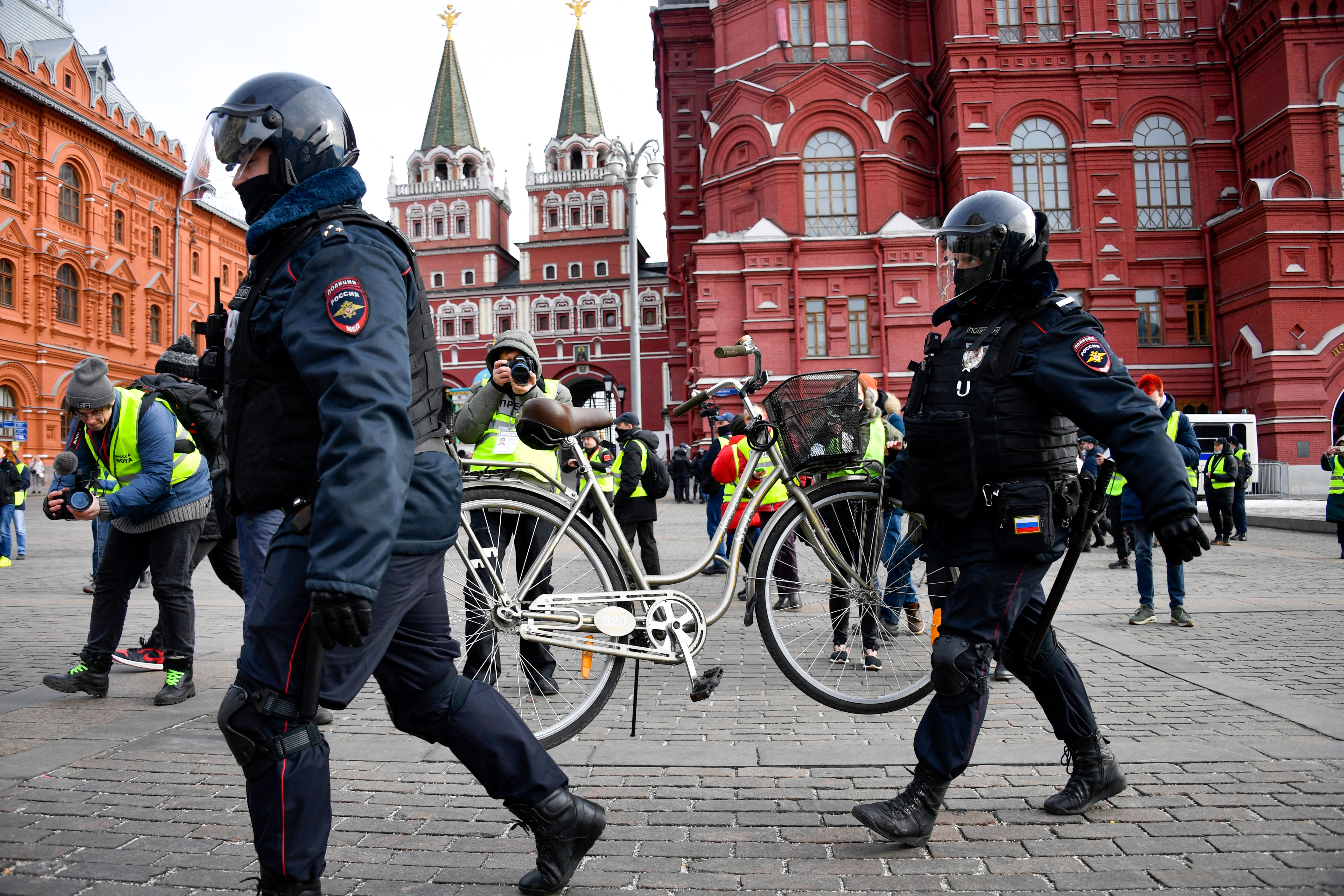 File photo: Police officers in Manezhnaya Square in central Moscow on 13 March 2022