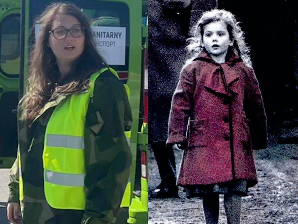 Oliwia Dabrowska as an adult doing volunteer work to support Ukrainian refugees (left) and as a child in ‘Schindler’s List’ (right)