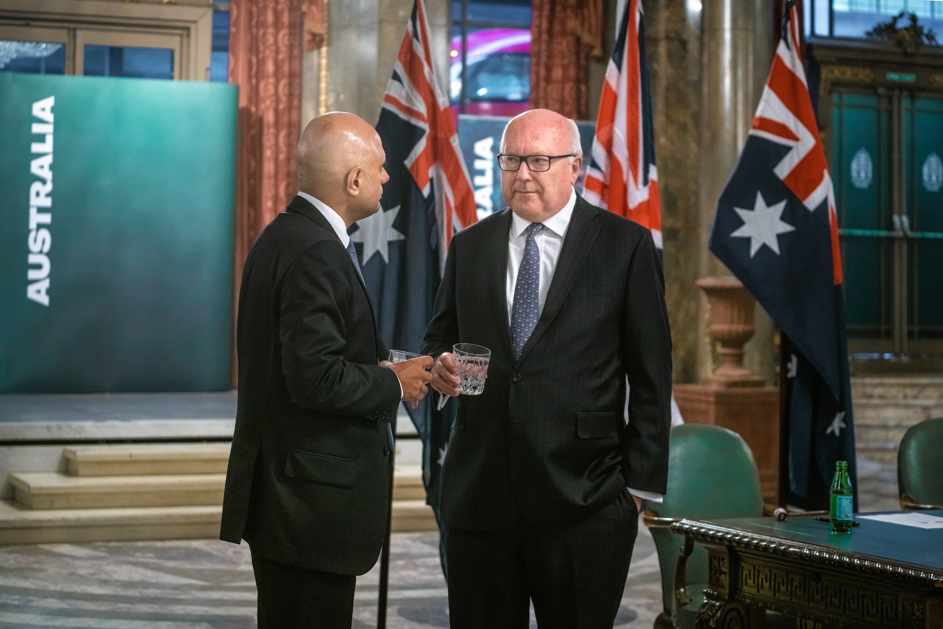 Australian High Commissioner George Brandis (right), speaking to Health Secretary Sajid Javid. Mr Brandis is approaching the end of his tenure as High Commissioner. (Department of Health and Social Care via PA)