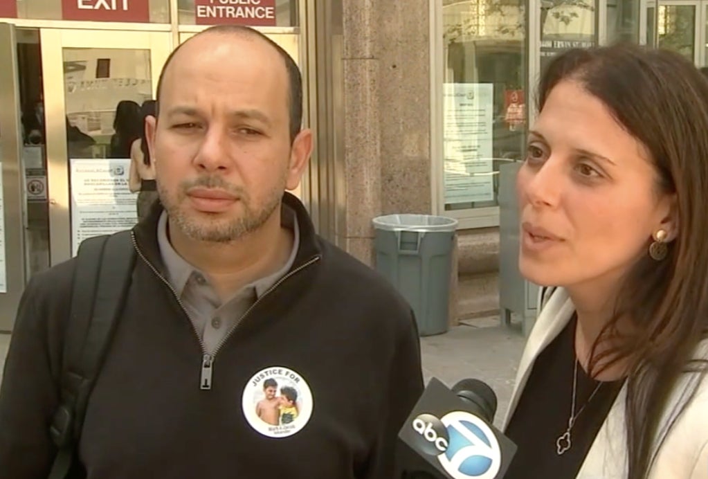 Karim, left, and Nancy Iskander attended the preliminary hearing in the case against Rebecca Grossman at Van Nuys Courthouse on 25 April 2022.