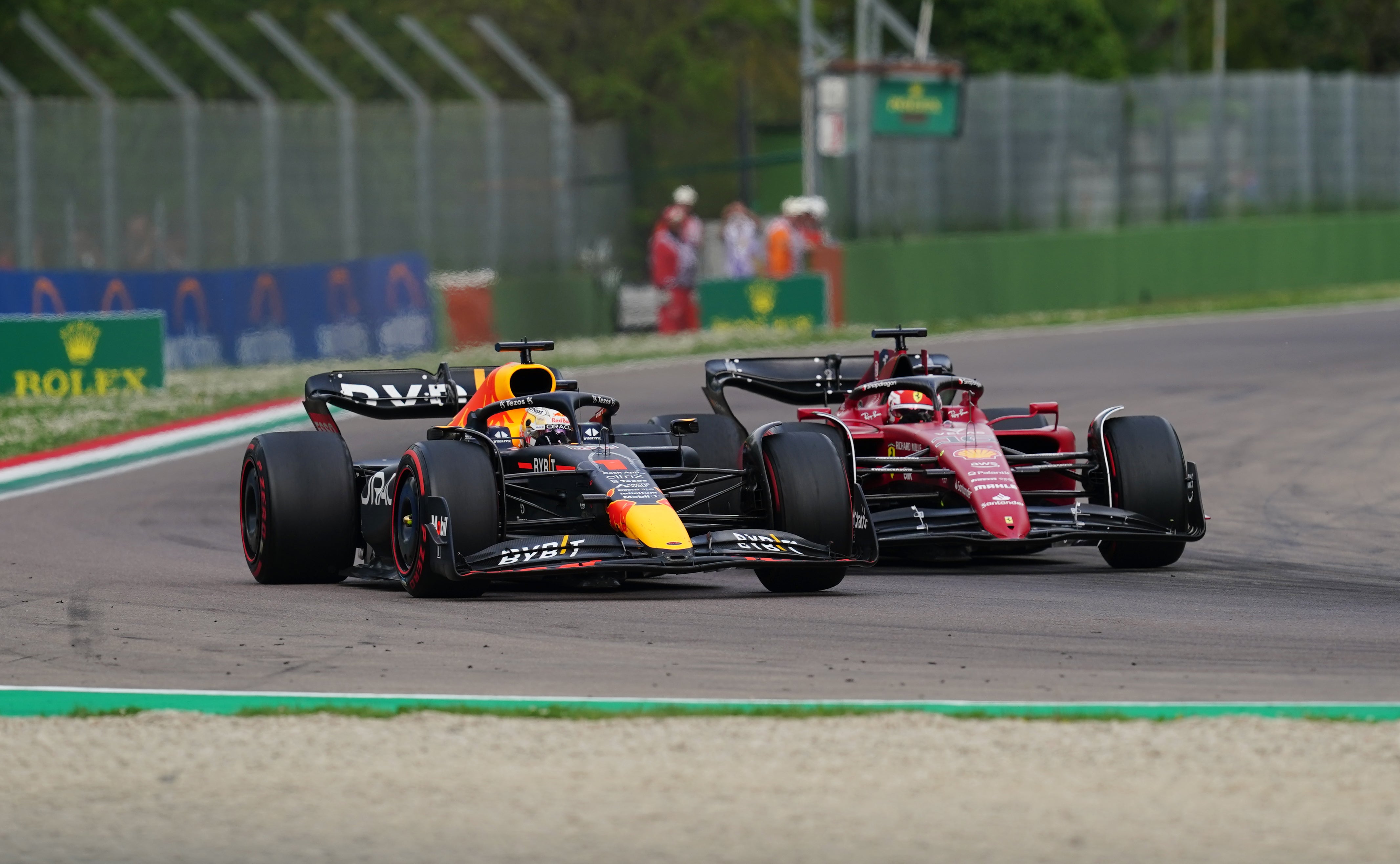 Red Bull Racing’s Max Verstappen overtakes Ferrari’s Charles Leclerc during the sprint race in Imola