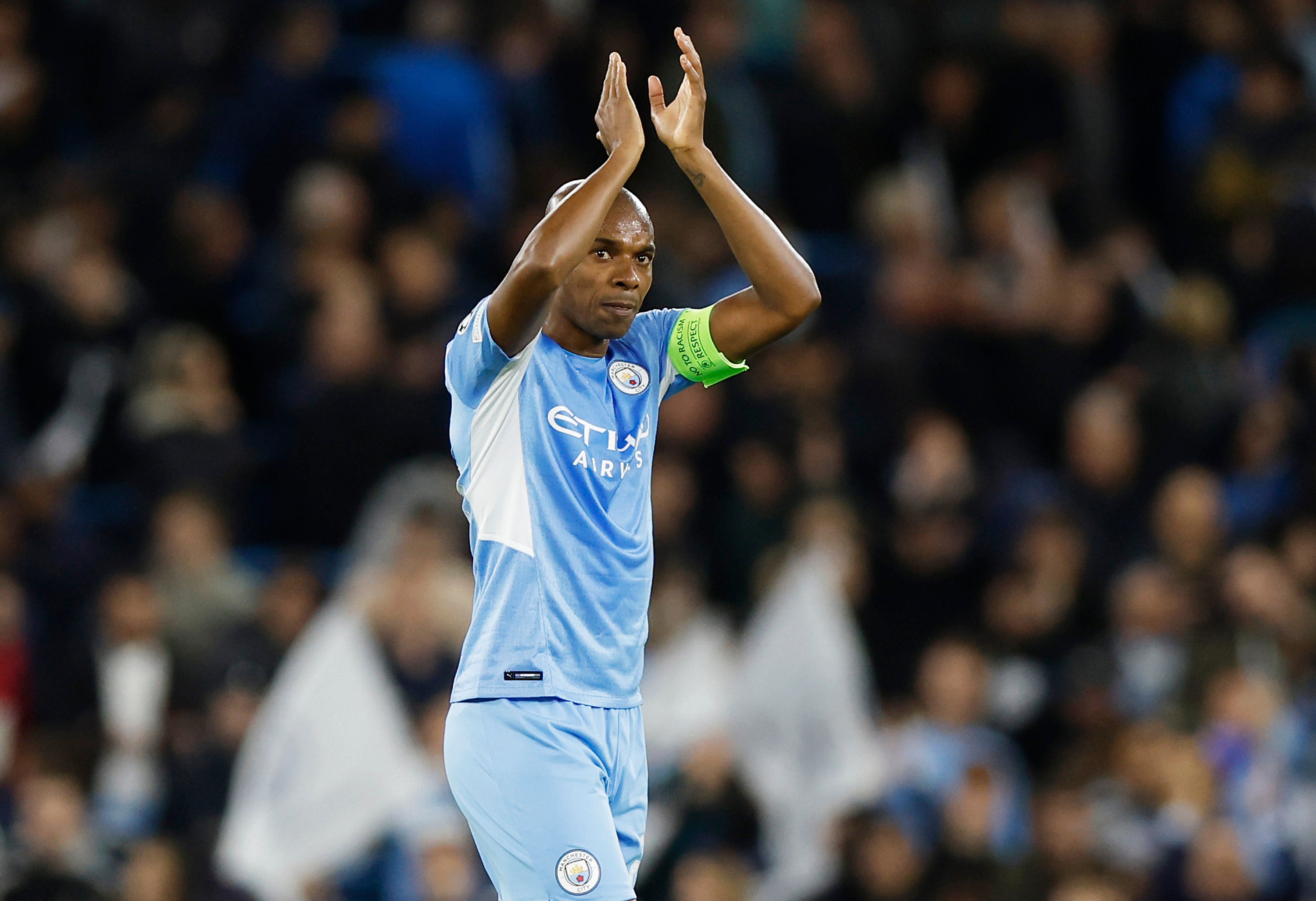 Fernandinho of Manchester City applauds fans after the UEFA Champions League Semi Final