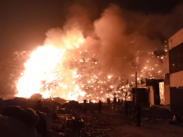 The image shared by Delhi Fire Service shows the extent of fire at the landfill in New Delhi, India