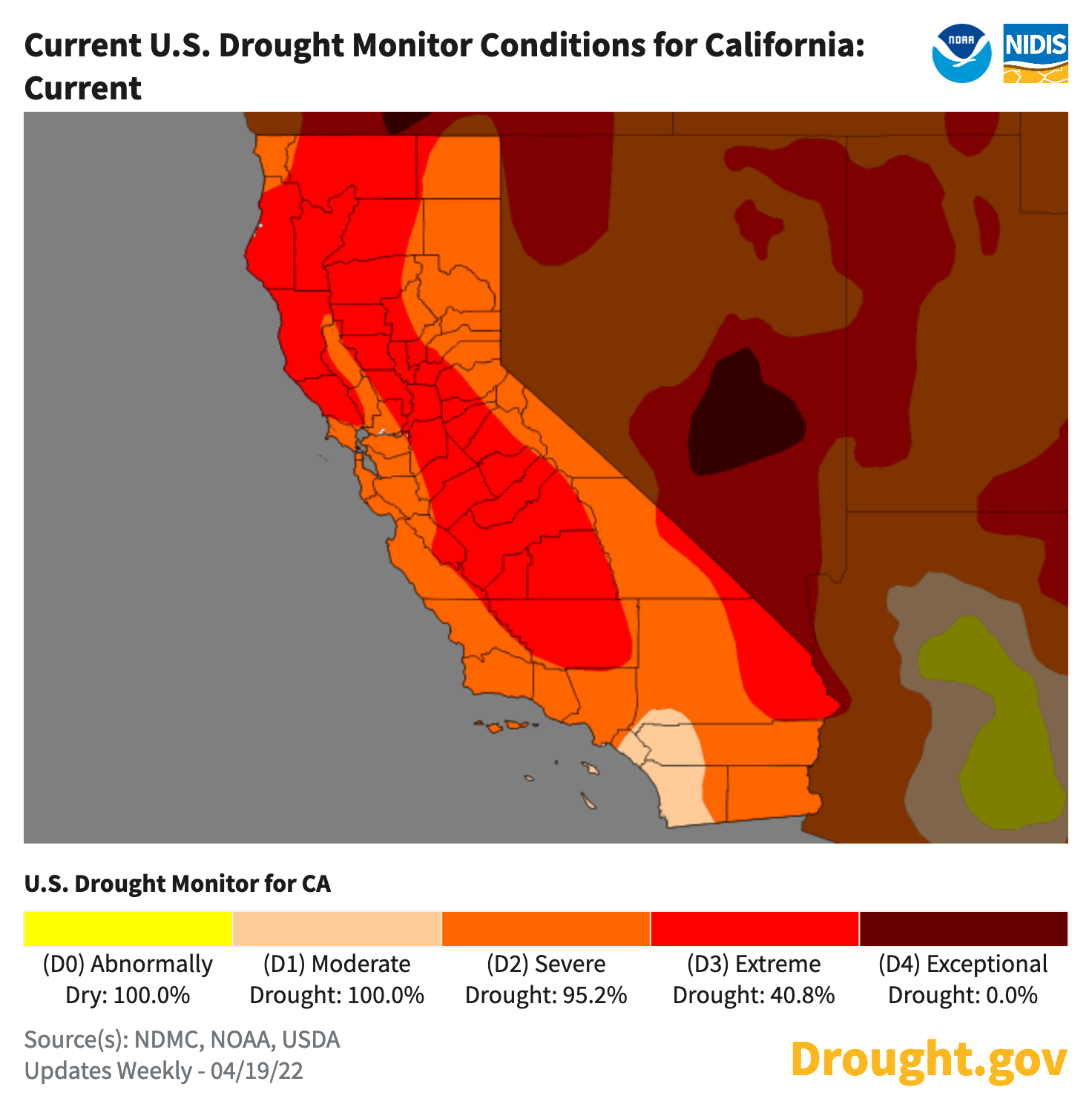 Drought conditions for California for the week of 19 April