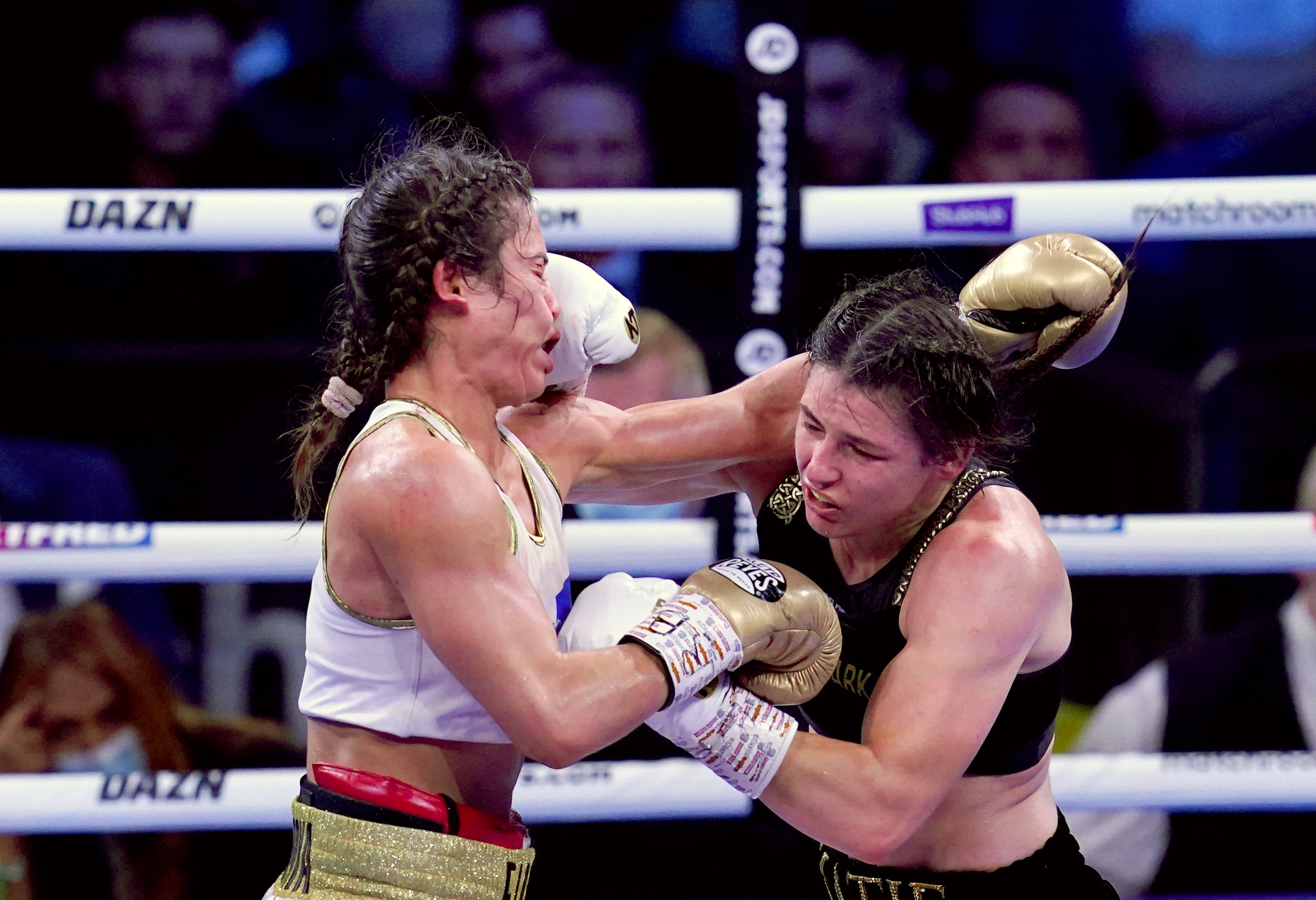 Katie Taylor, right, was hindered by a calf injury when last in action against Russian Firuza Sharipova in December (Nick Potts/PA)