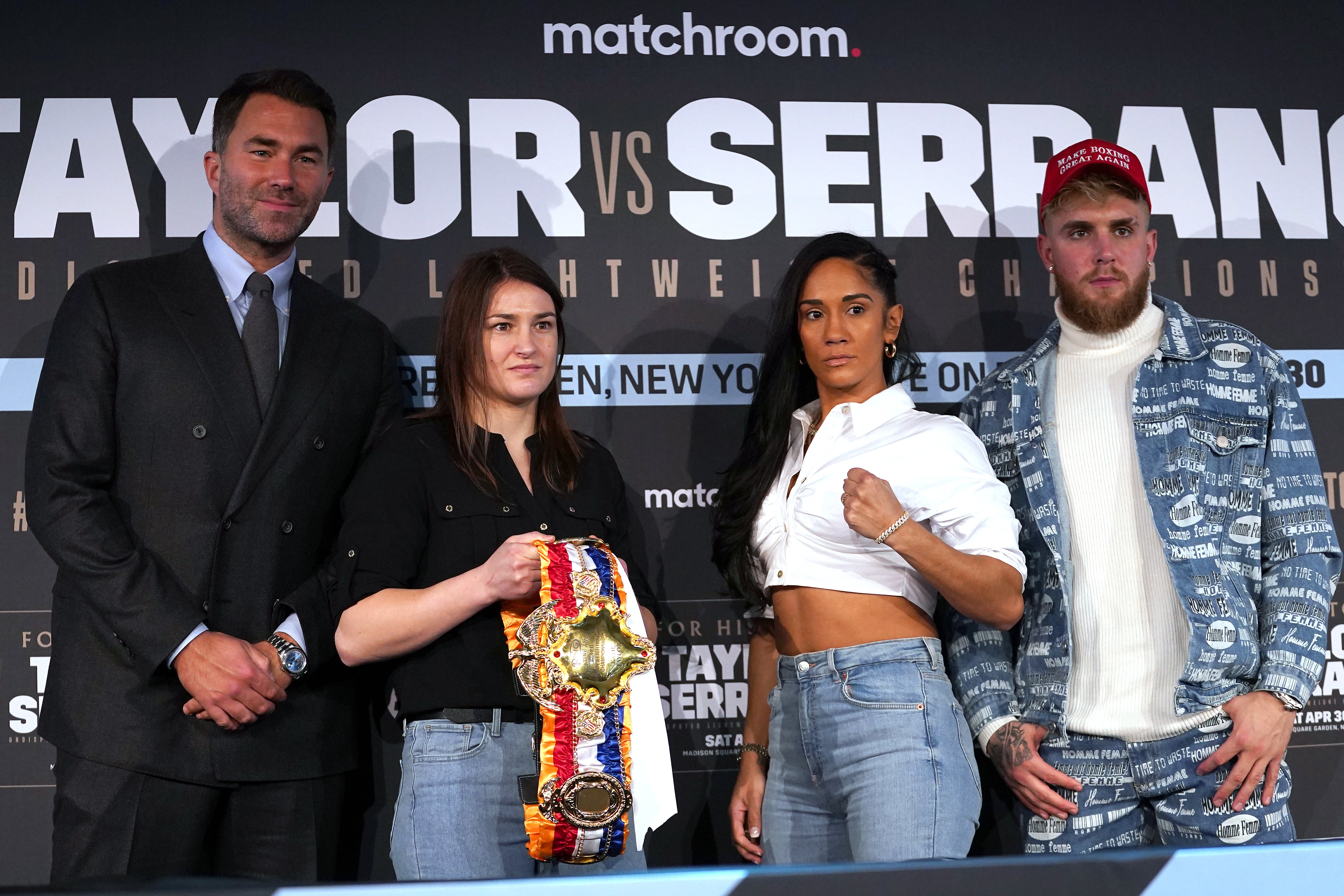 Eddie Hearn, left, predicts “a 50-50 fight” between Katie Taylor, second left, and Amanda Serrano (Adam Davy/PA)