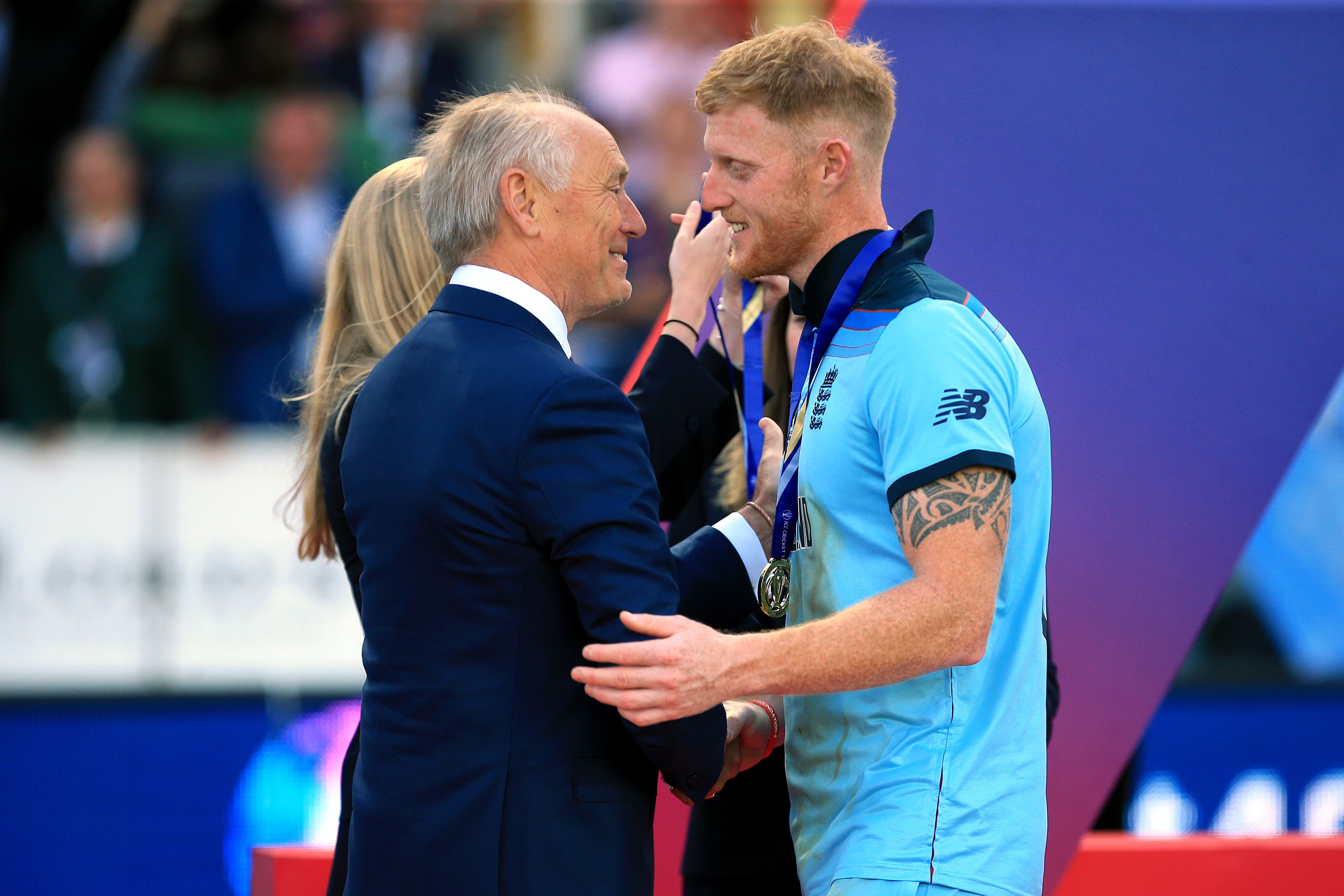 ECB chair Colin Graves congratulates Ben Stokes after England beat New Zealand in the 2019 World Cup final (Nick Potts/PA)