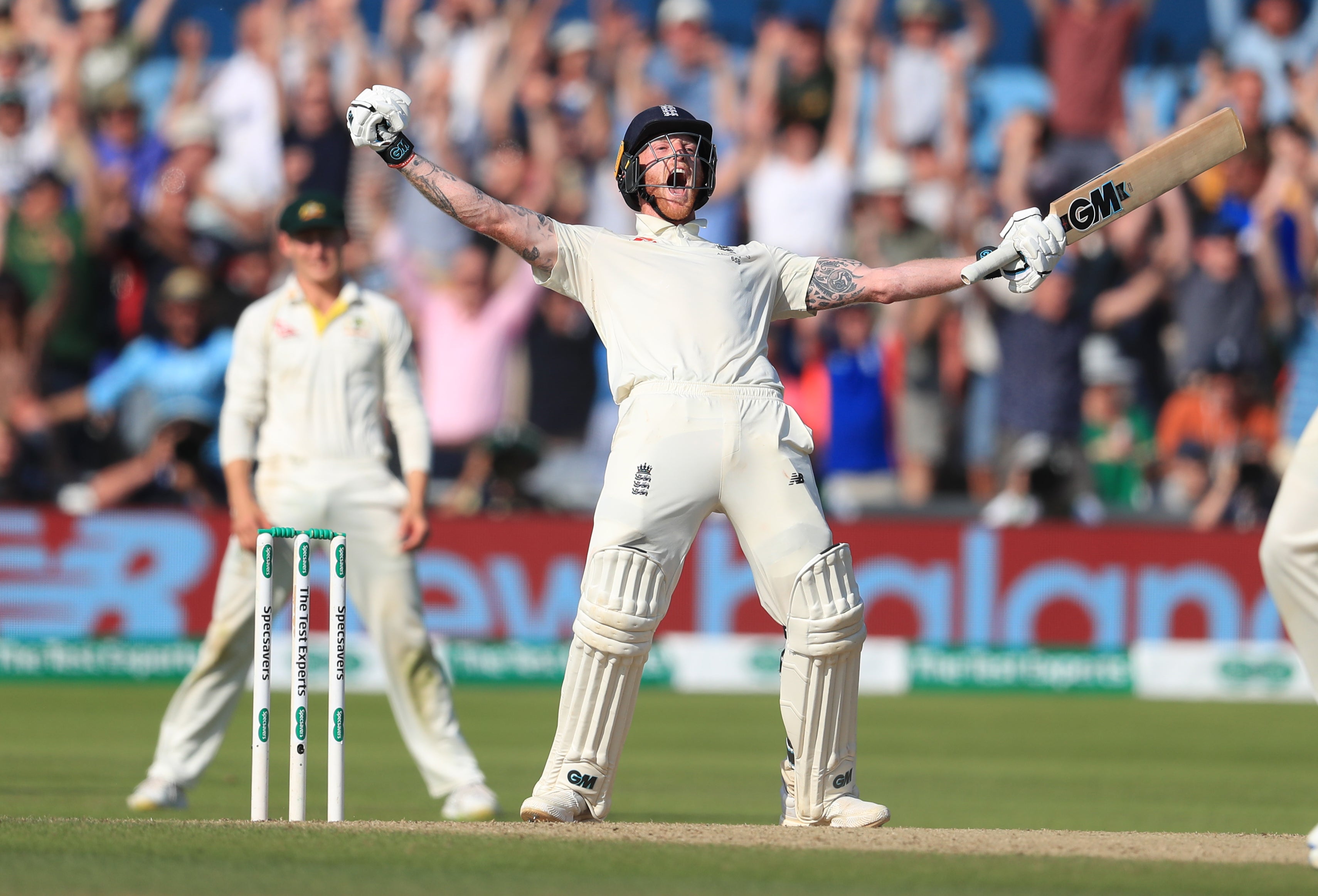 After playing one of the greatest Test knocks of all time, Ben Stokes celebrates victory at Headingley (Mike Egerton/PA)