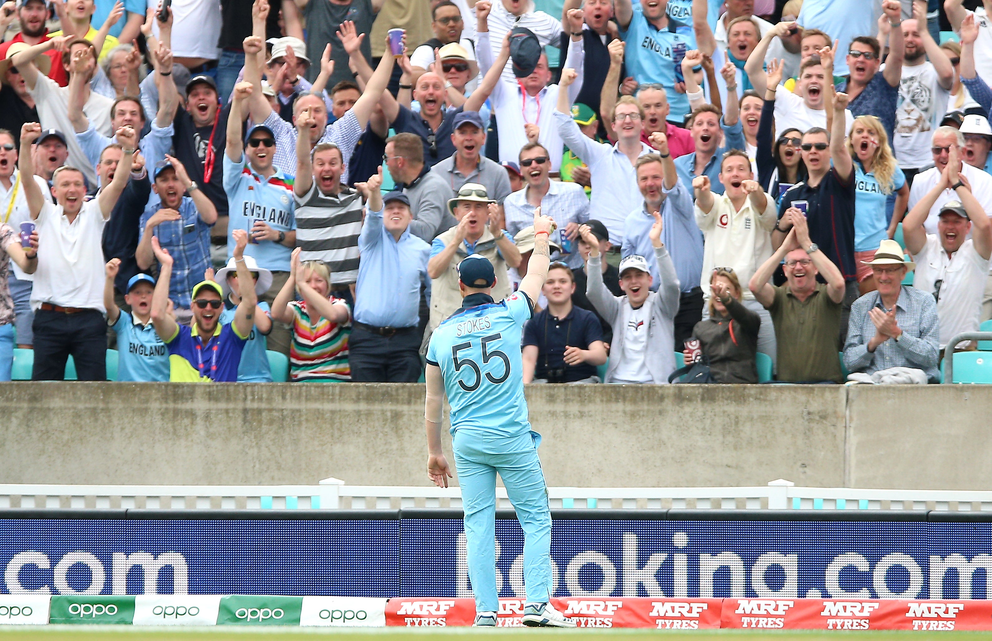 Stokes celebrates in front of the Oval crowd after taking an astonishing catch to dismiss South Africa’s Andile Phehlukwayo at the group stages of the 2019 World Cup (Nigel French/PA)