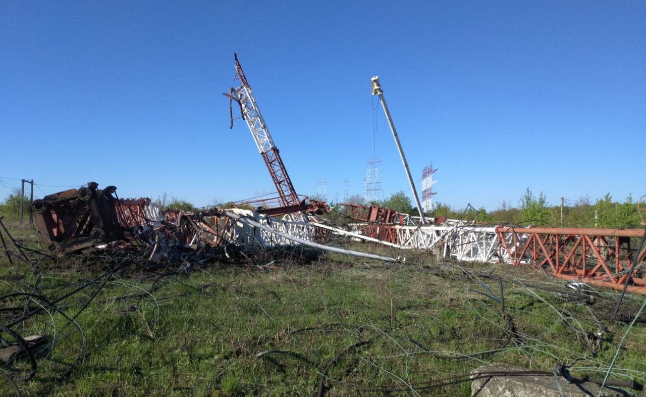 Radio antennae lie on the ground following blasts in the village of Mayak in Transnistria