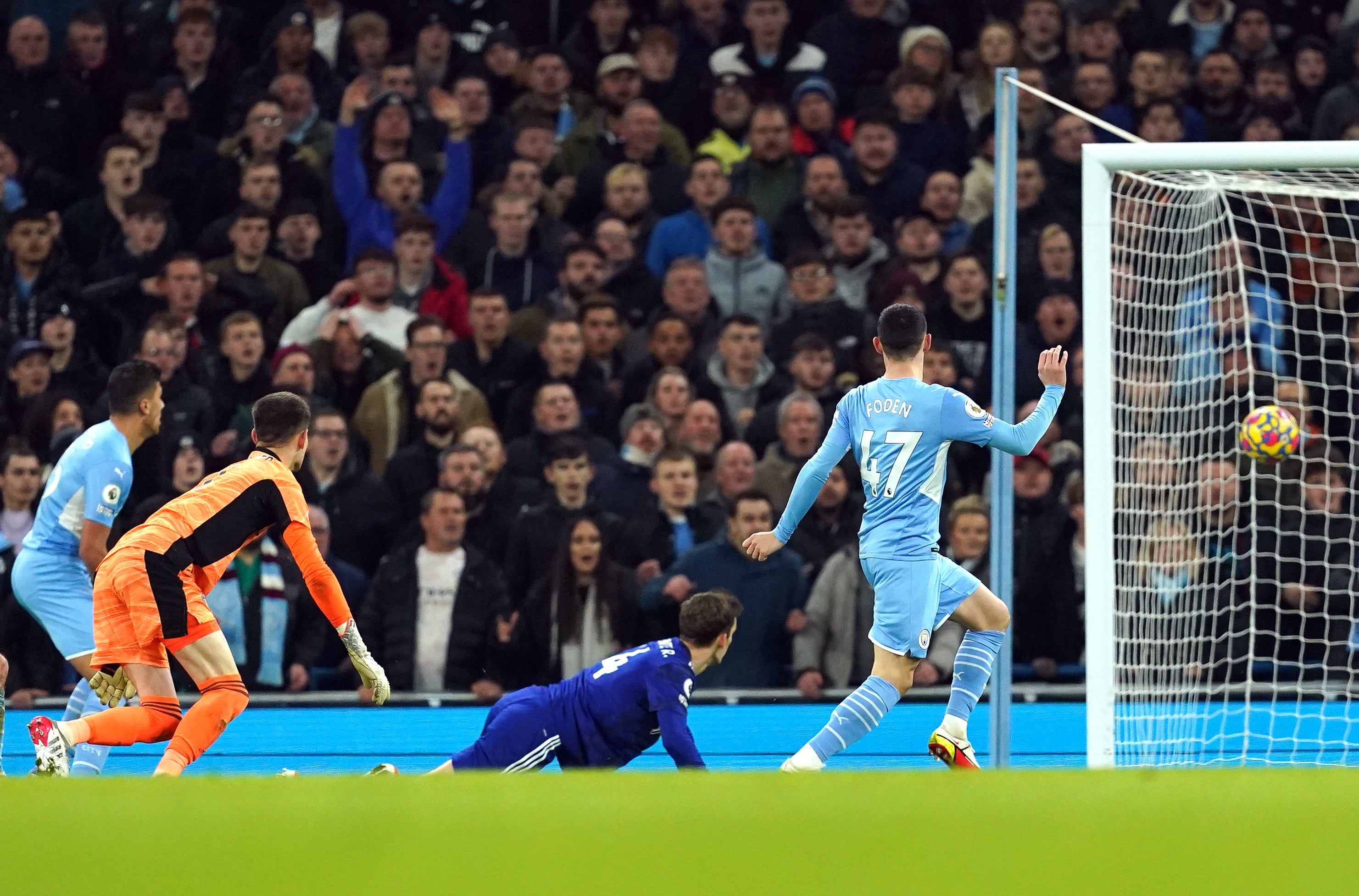 Phil Foden (right) opened the floodgates with City’s first goal against Leeds at the Etihad in December (Martin Rickett/PA)