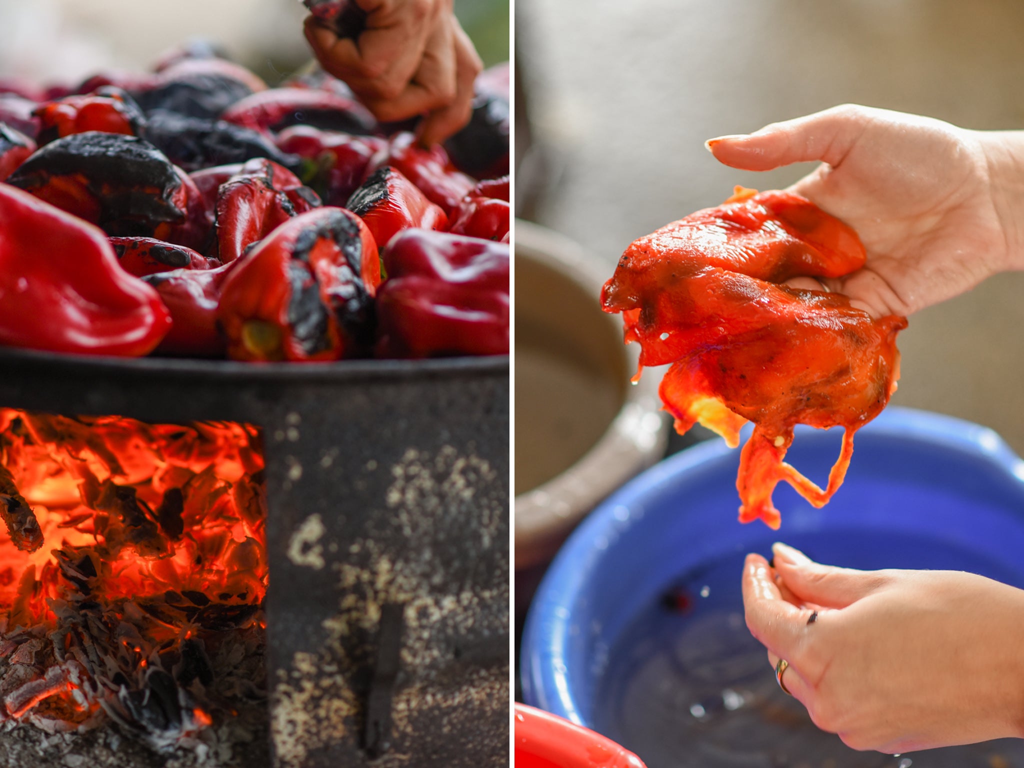 The peppers are charred over a fire until their skins turn black, and then peeled while they’re still warm