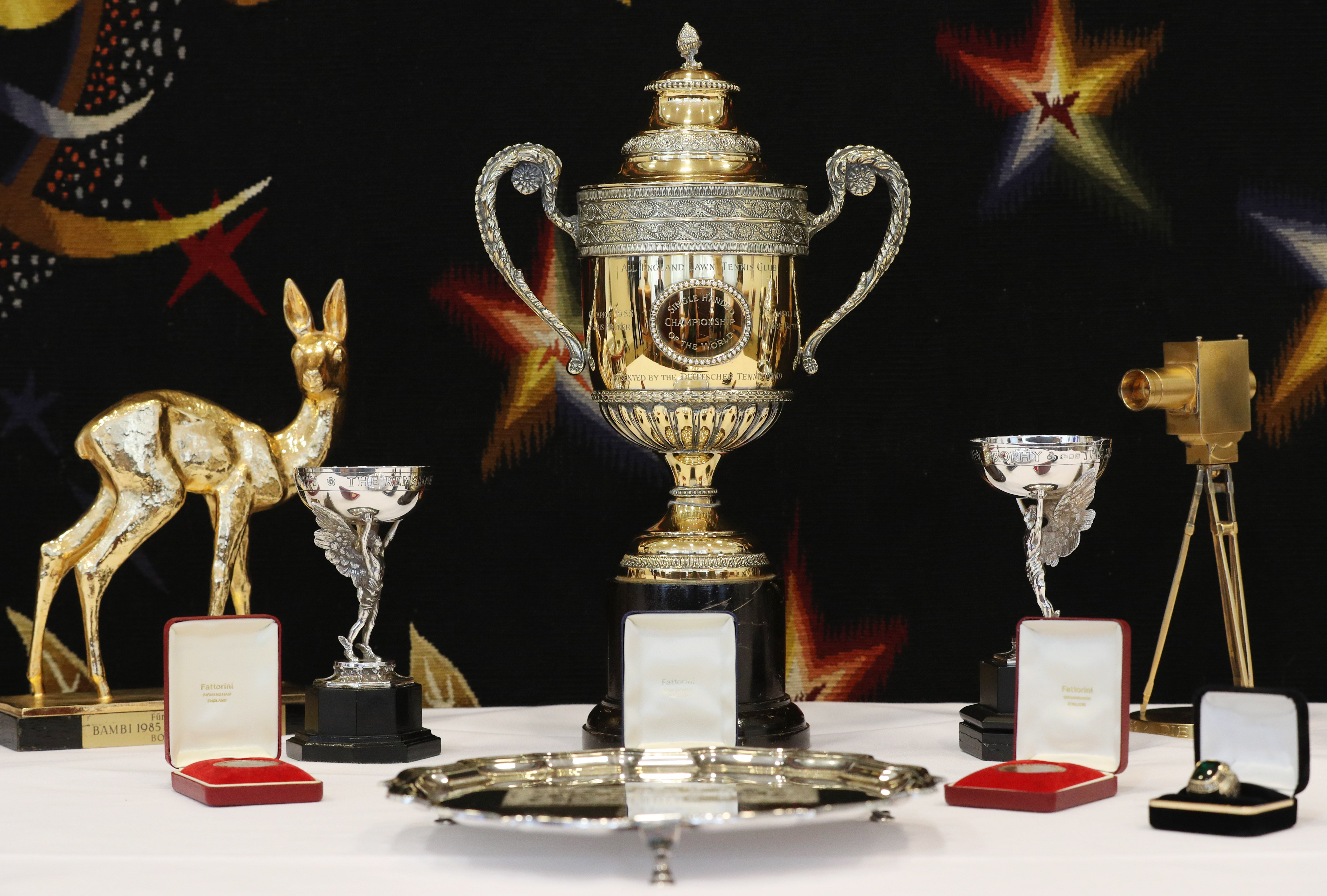 A selection of trophies from the tennis career of Boris Becker