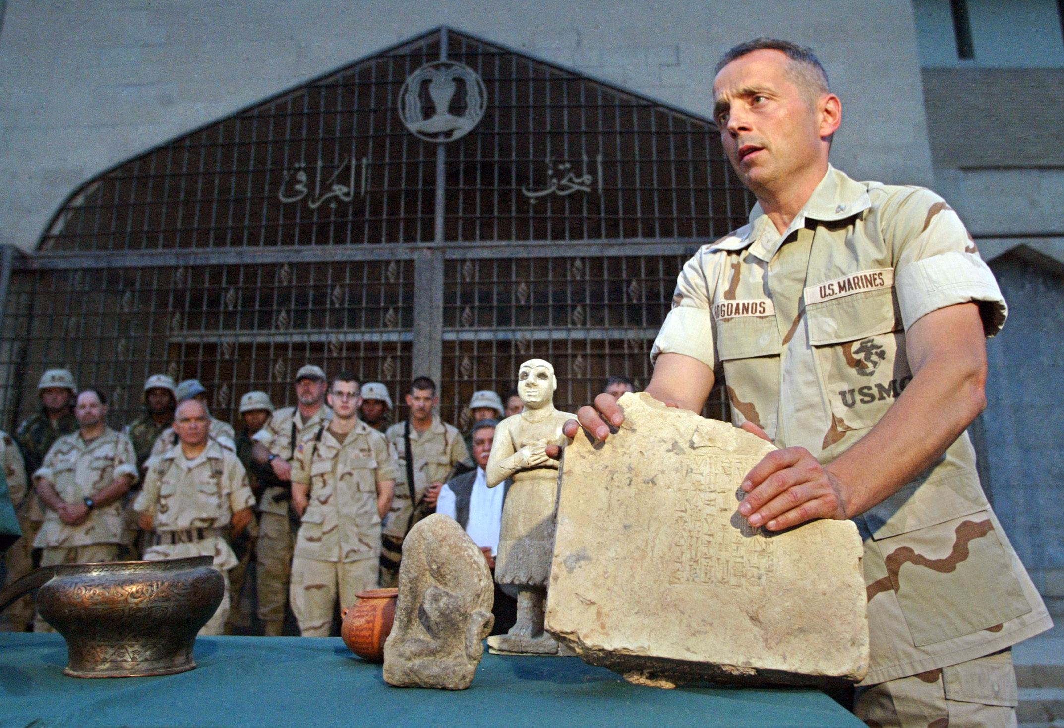 US Colonel Matthew Bogdanos, lead investigator in finding looted treasures, speaks to the press