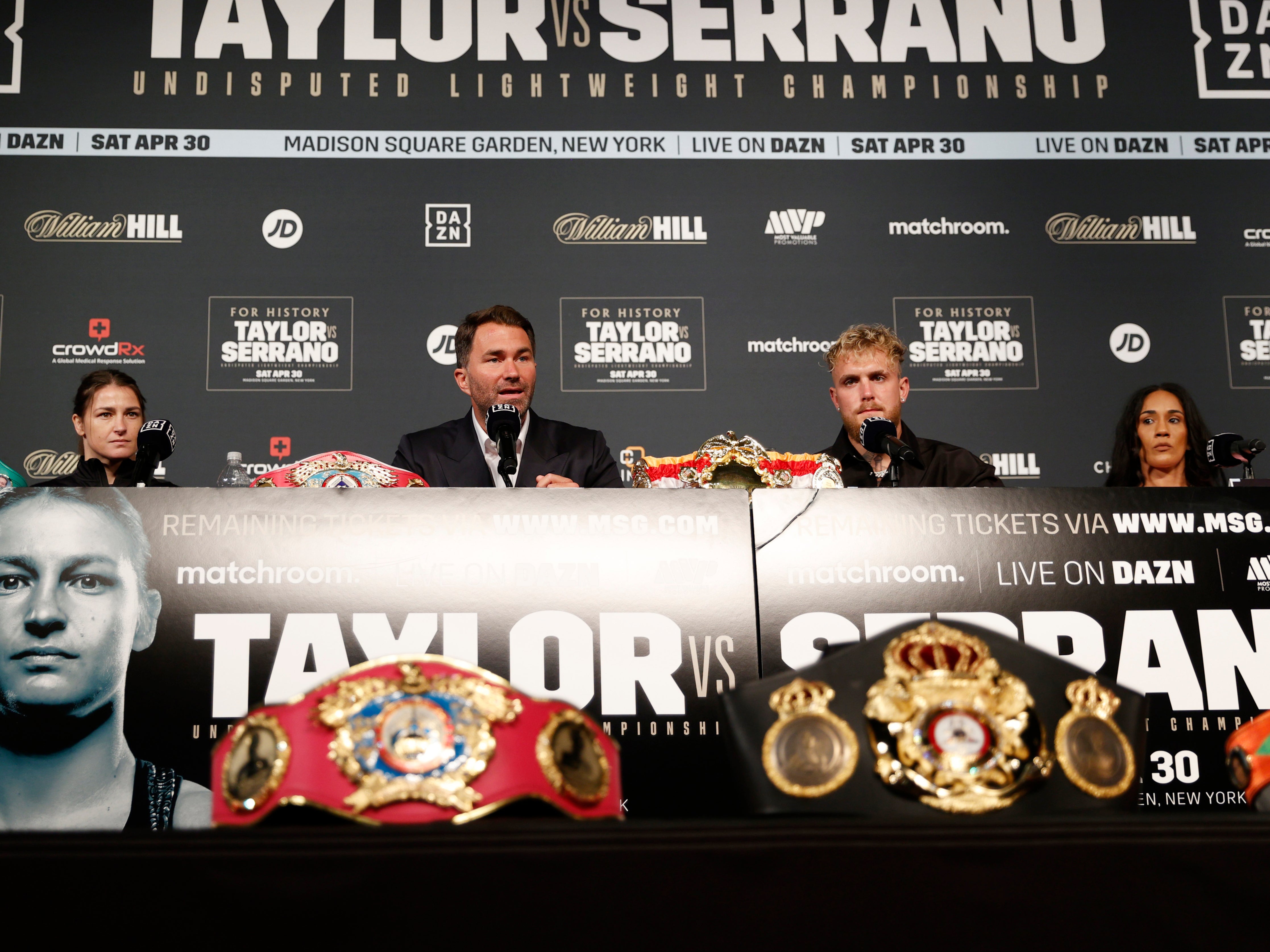 Katie Taylor, Eddie Hearn, Jake Paul and Amanda Serrano (L-R)