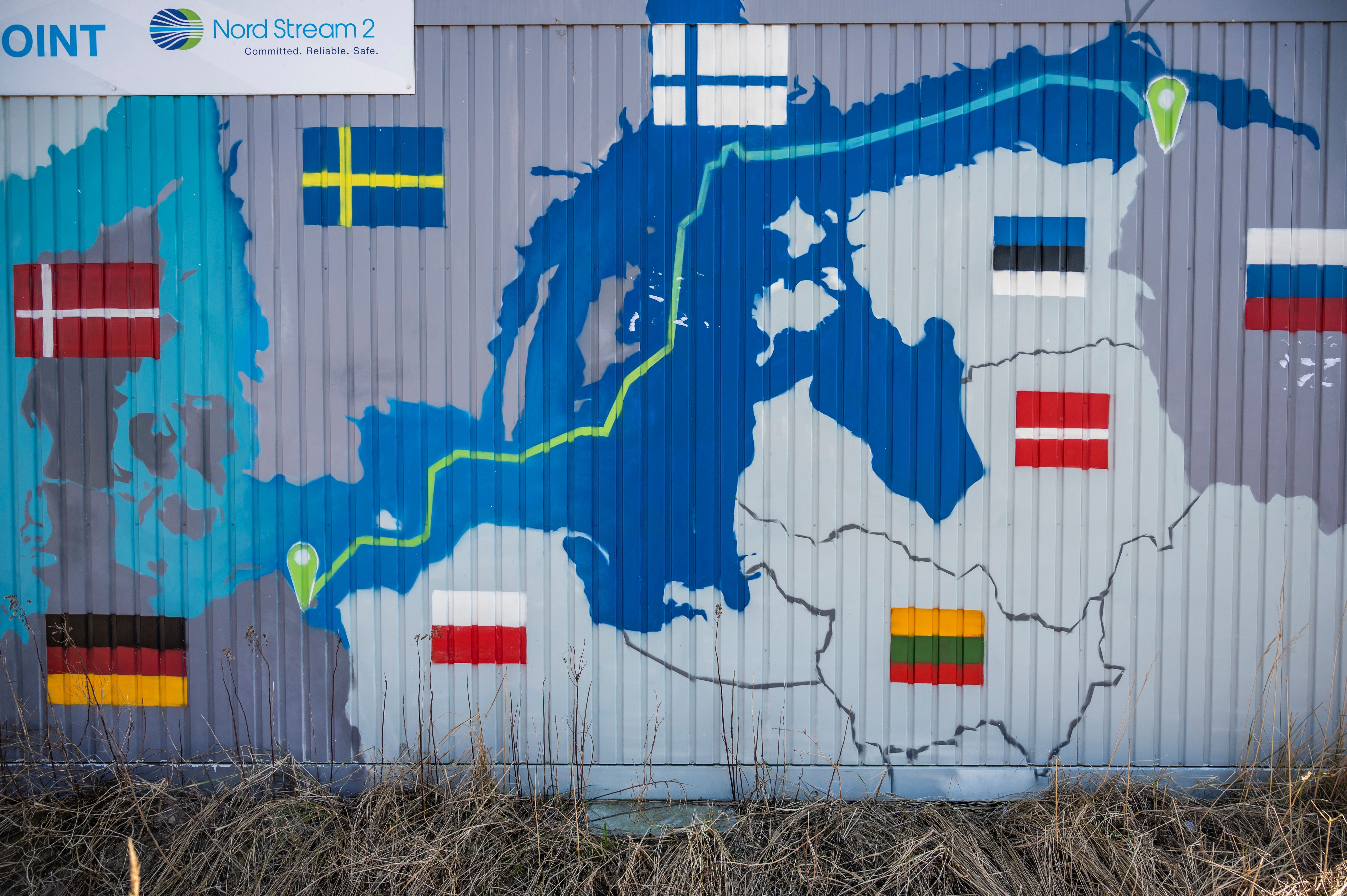 A container is decorated with a map showing the Nord Stream 2 gas pipeline, in Lubmin, northeastern Germany