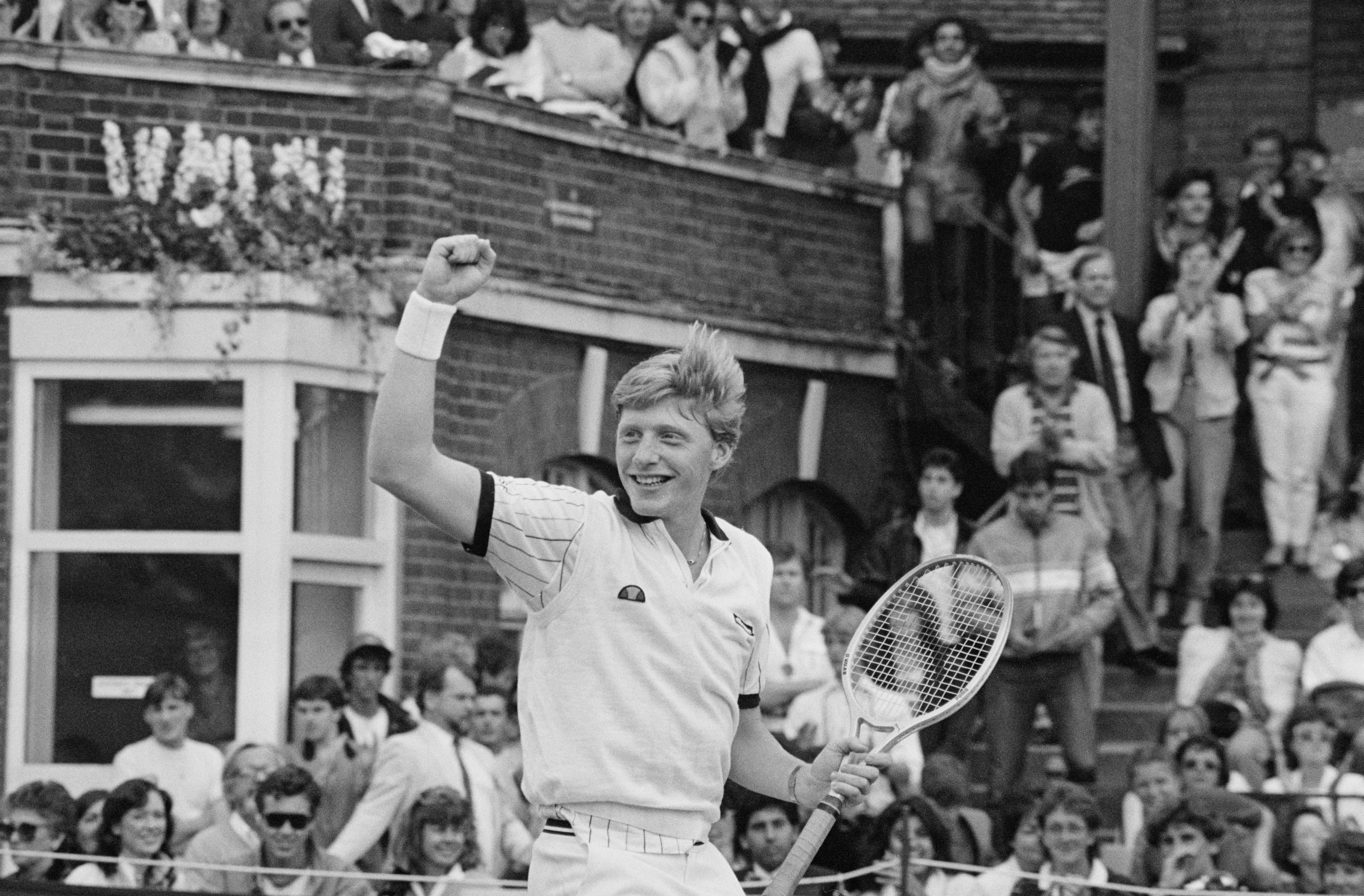 Becker at play during the Stella Artois Championships at the Queen’s Club in London, 17 June 1985