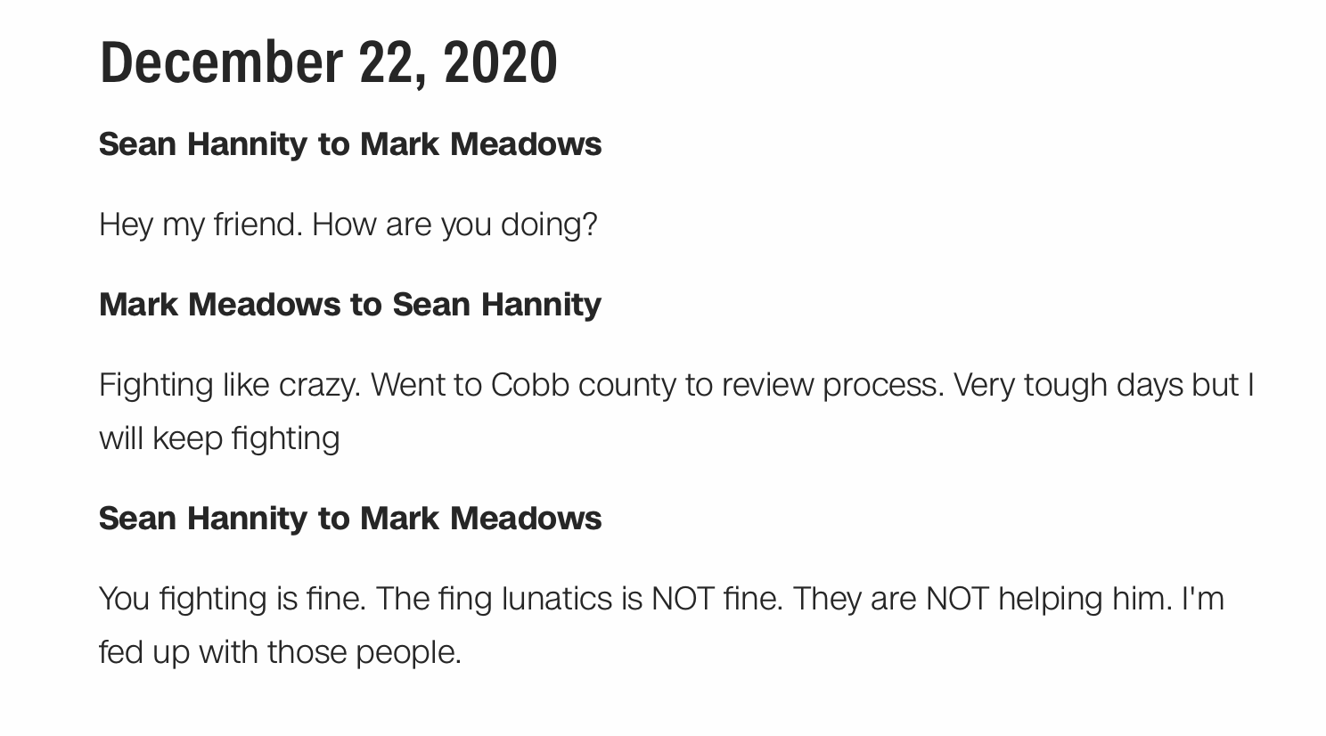 A 22 December 2020 text exchange between Mark Meadows and Sean Hannity