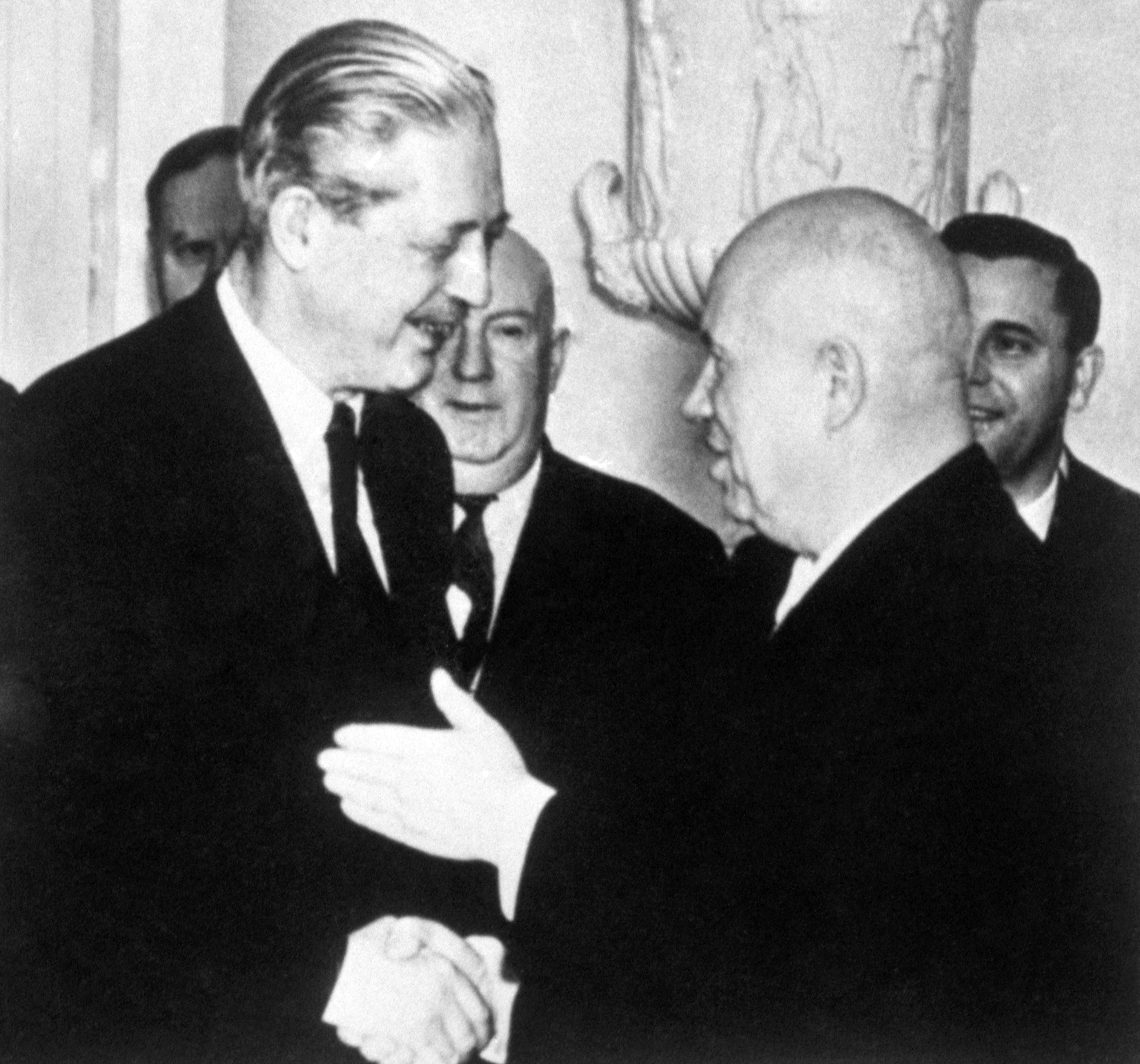 Former Soviet leader Nikita Khrushchev meeting British Prime Minister Harold Macmillan in Moscow (PA)