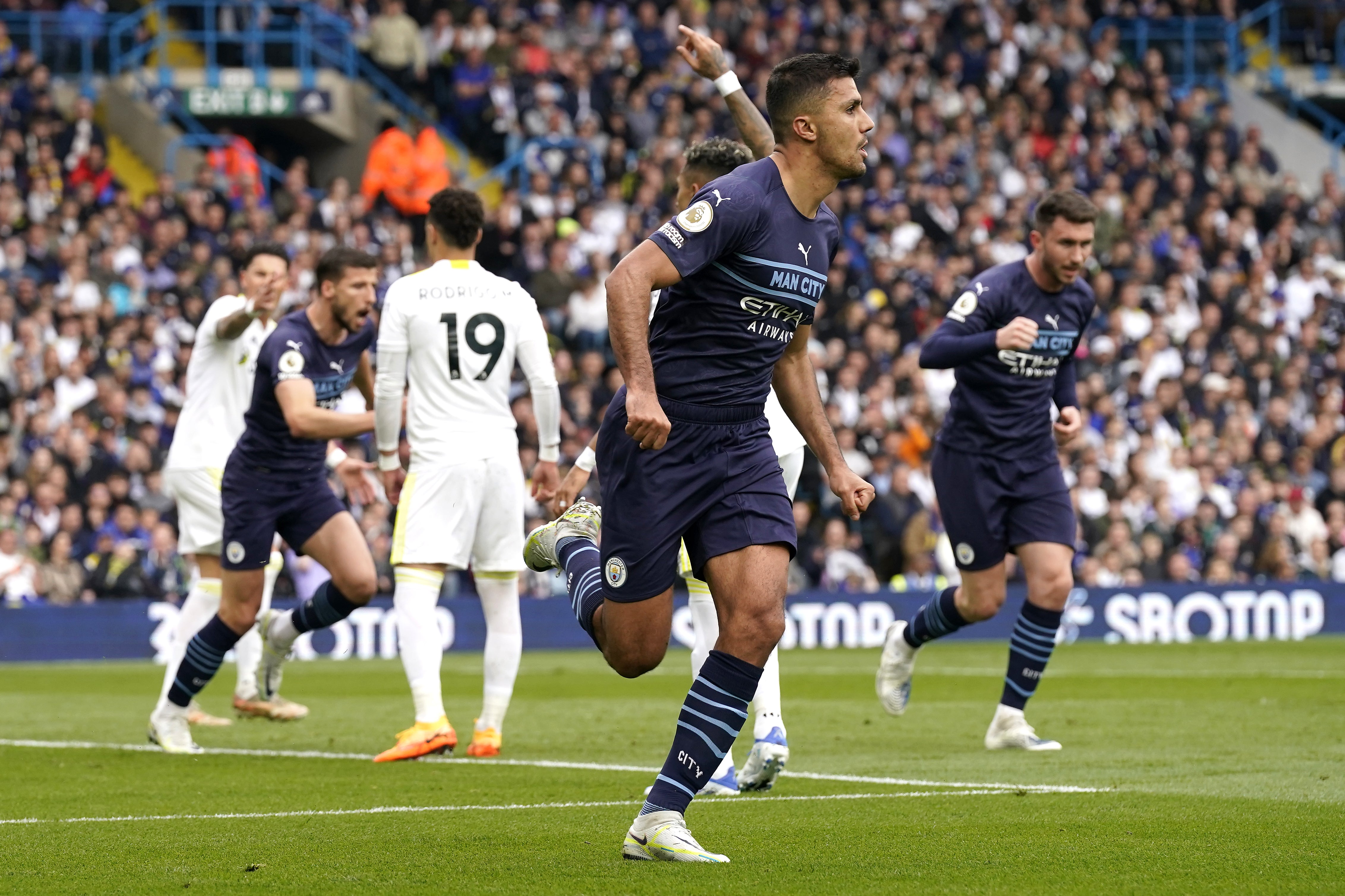 Rodri celebrates after heading City into a first-half lead at Elland Road (Danny Lawson/PA)