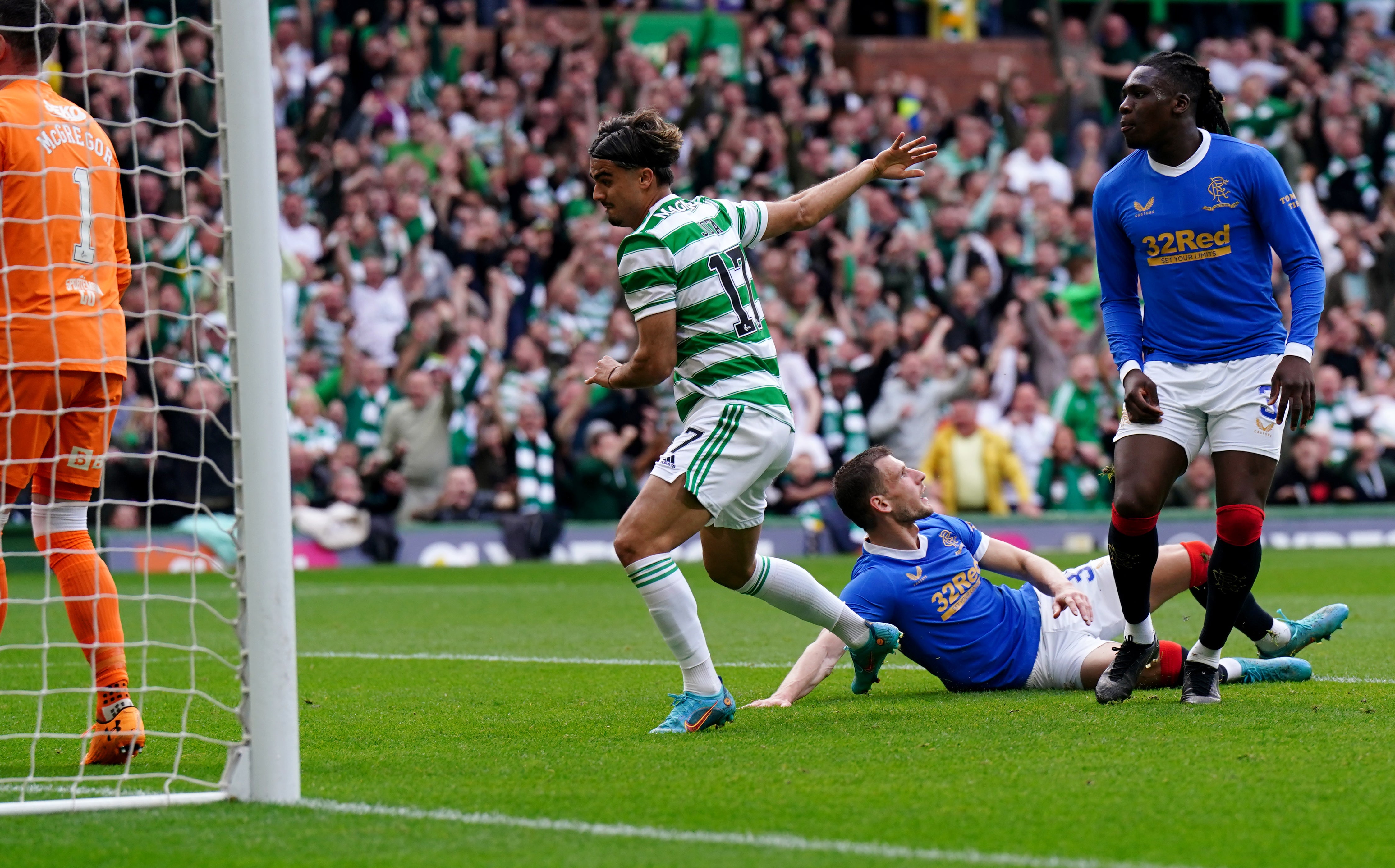 Jota fires Celtic ahead against Rangers in the 1-1 Old Firm draw at Parkhead (Jane Barlow/PA Images).