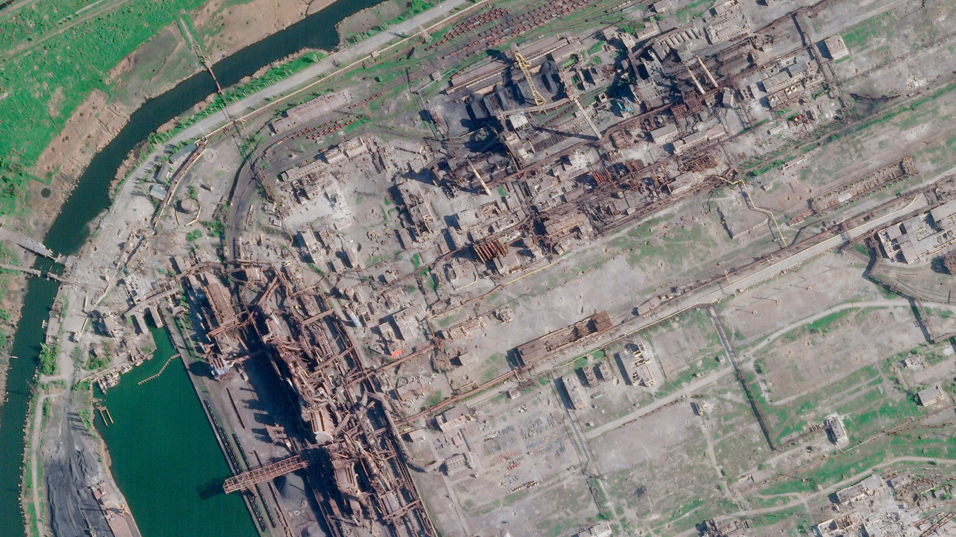A satellite image from 1 May, 2022, shows the damage caused at the steelworks