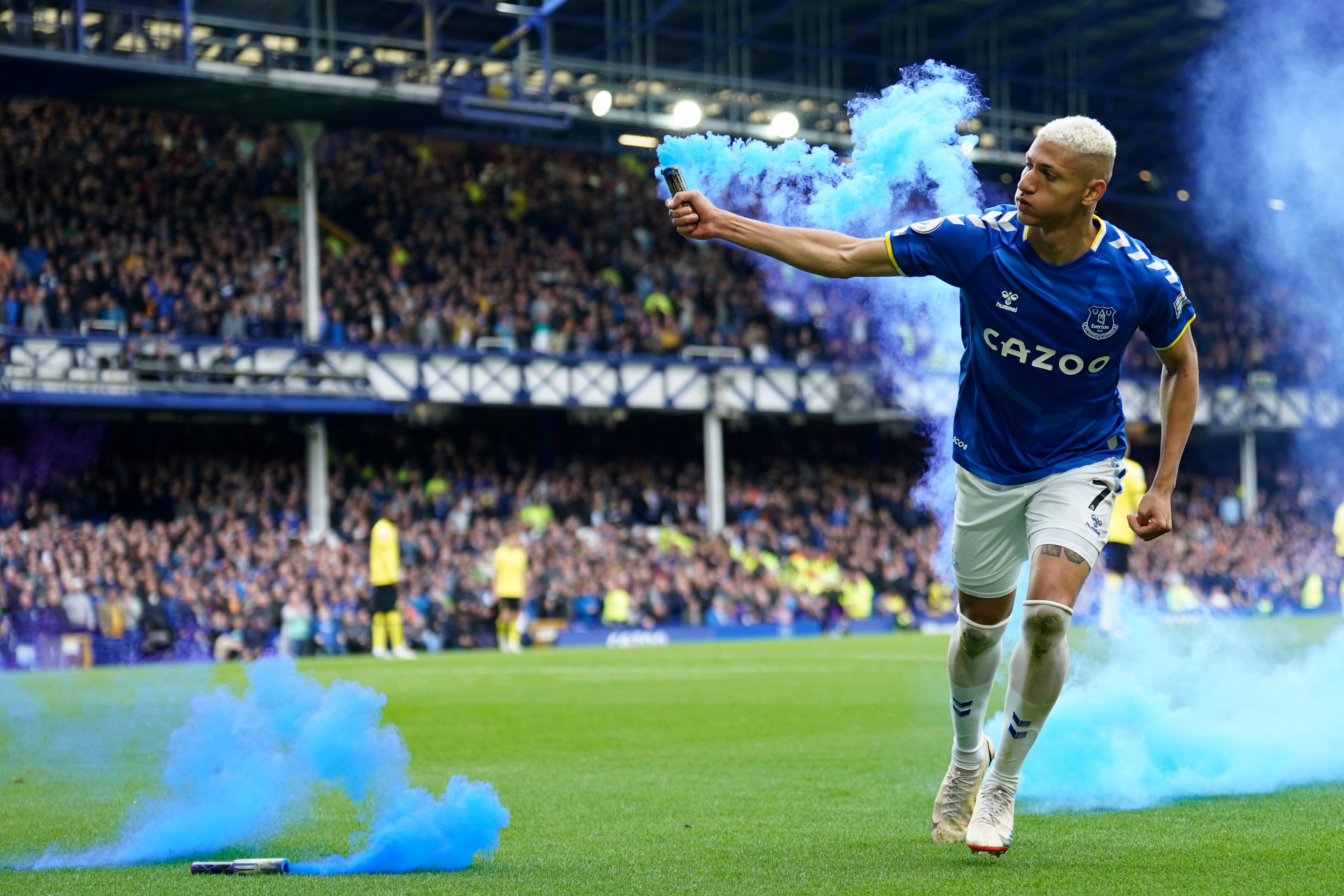 Richarlison runs with a flare after scoring Everton’s winner against Chelsea (Jon Super/AP)