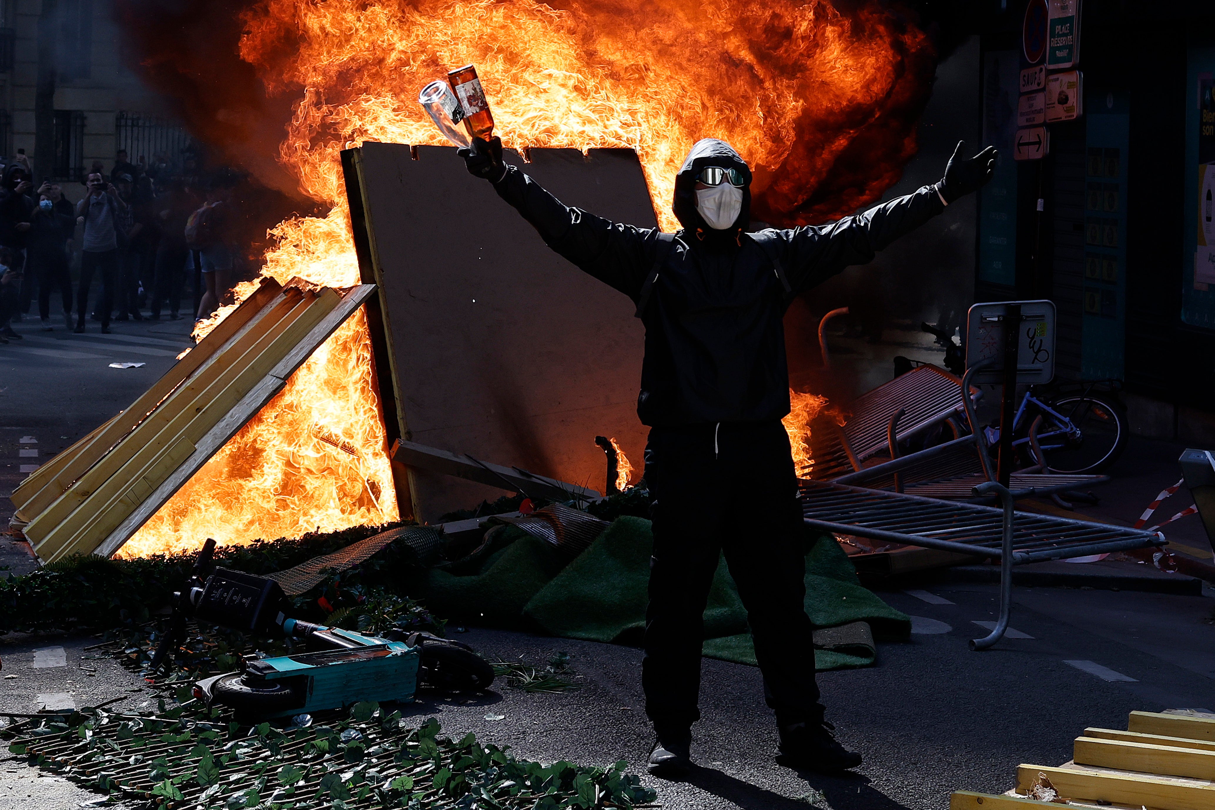 A masked protester during the annual May Day demonstration in Paris