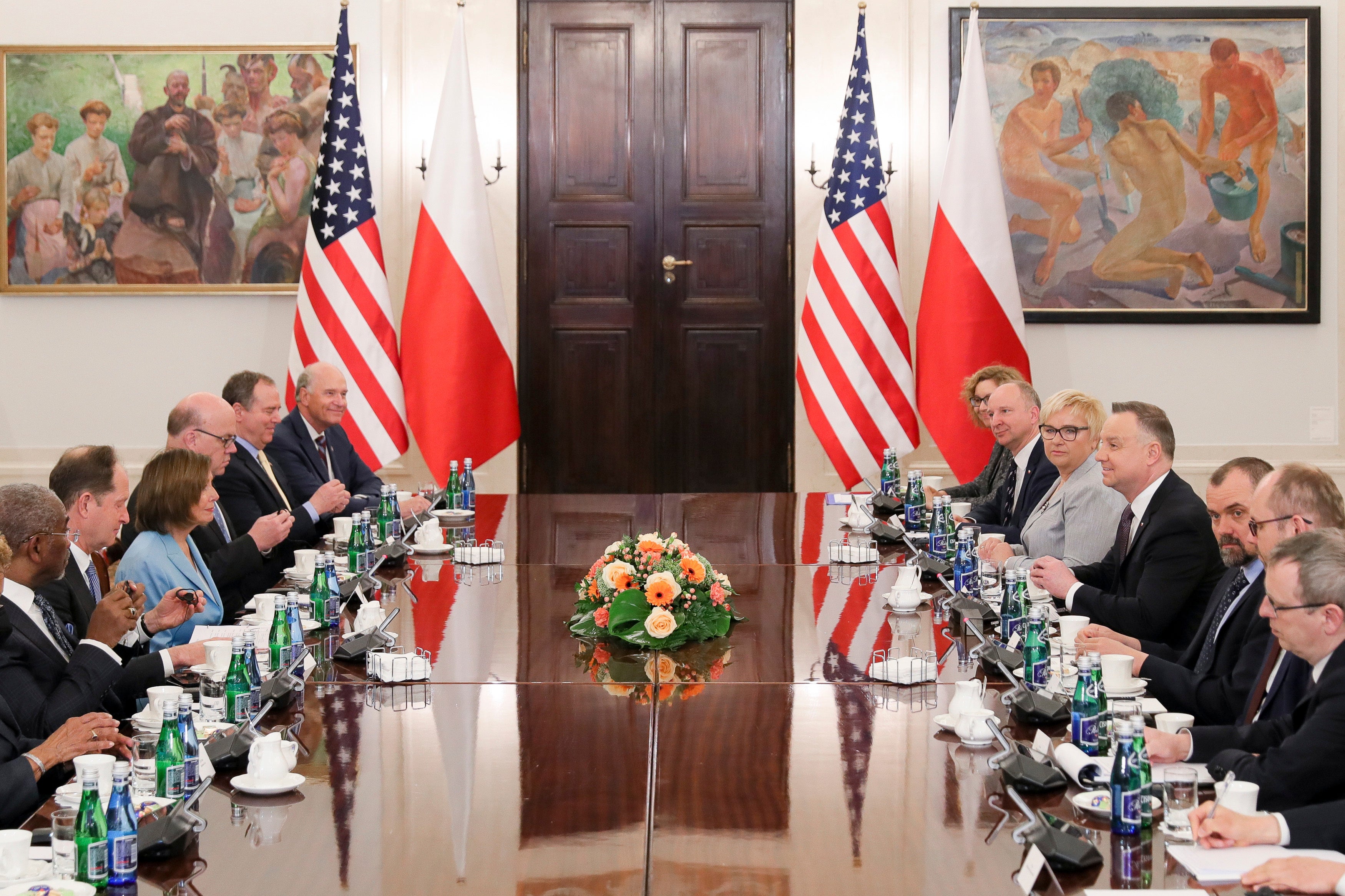 Nancy Pelosi, 3rd from left, and Poland's President Andrzej Duda, 4th from right, meet for talks in Warsaw, Poland, Monday, May 2, 2022