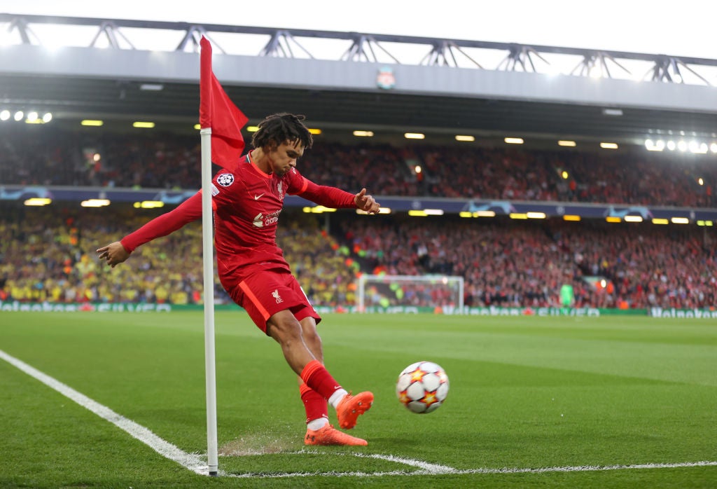 Alexander-Arnold takes a corner against Villarreal from the same spot he stunned Barcelona three years ago