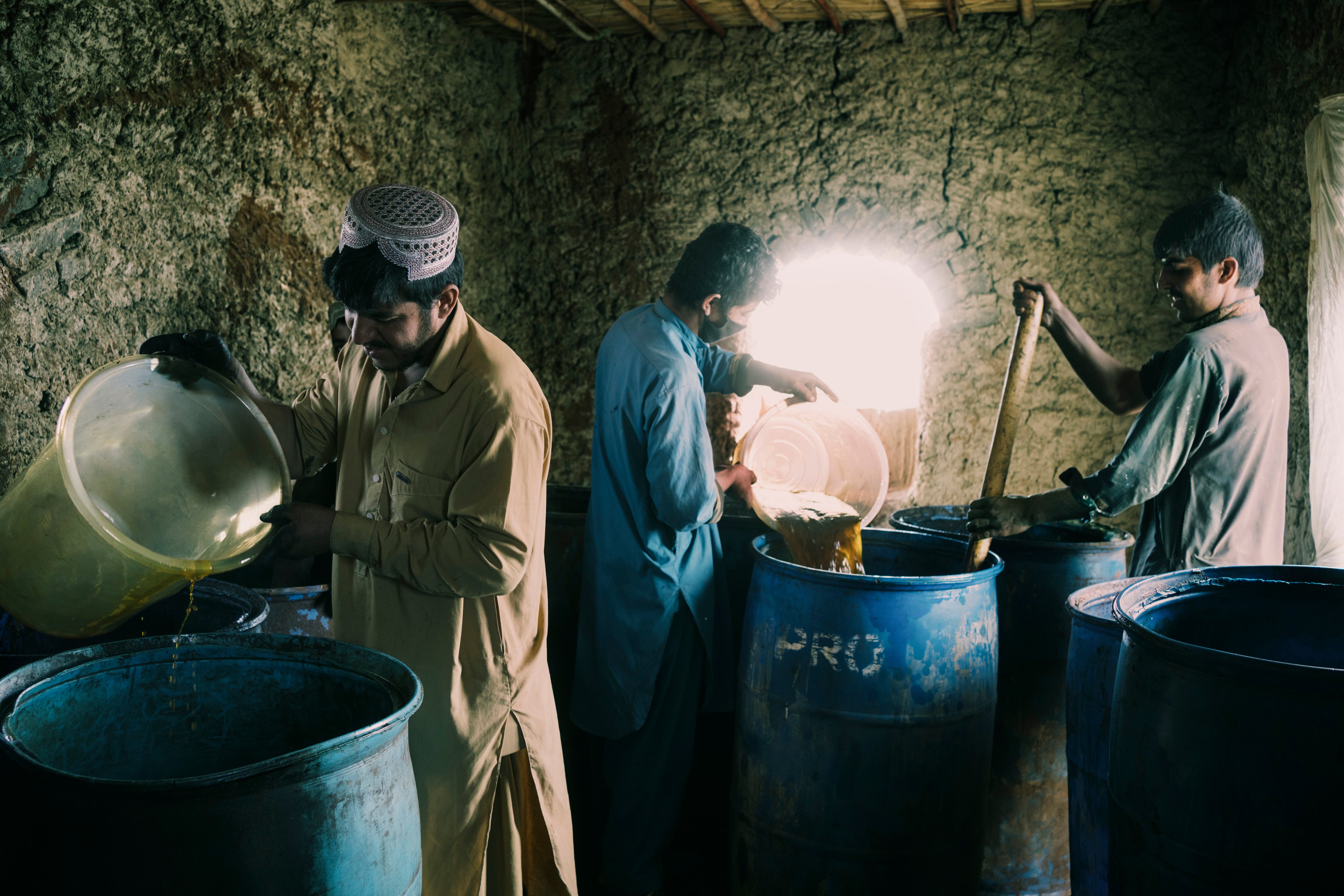 Ephedra power is mixed with chemicals in one of the steps to produces methamphetamine in Farah province, Afghanistan