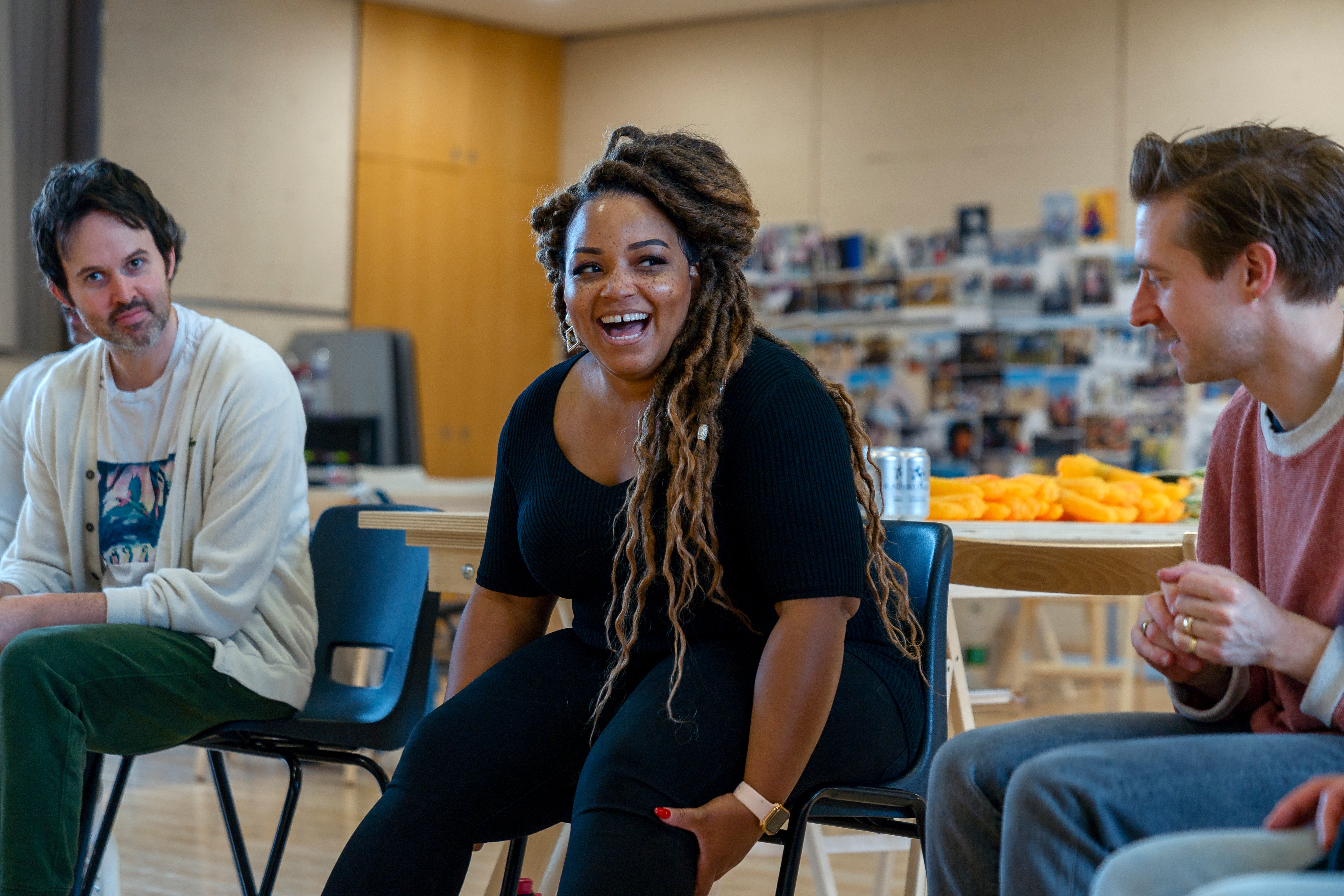 James Davis (Will Parker), Marisha Wallace (Ado Annie) and Darvill in rehearsals