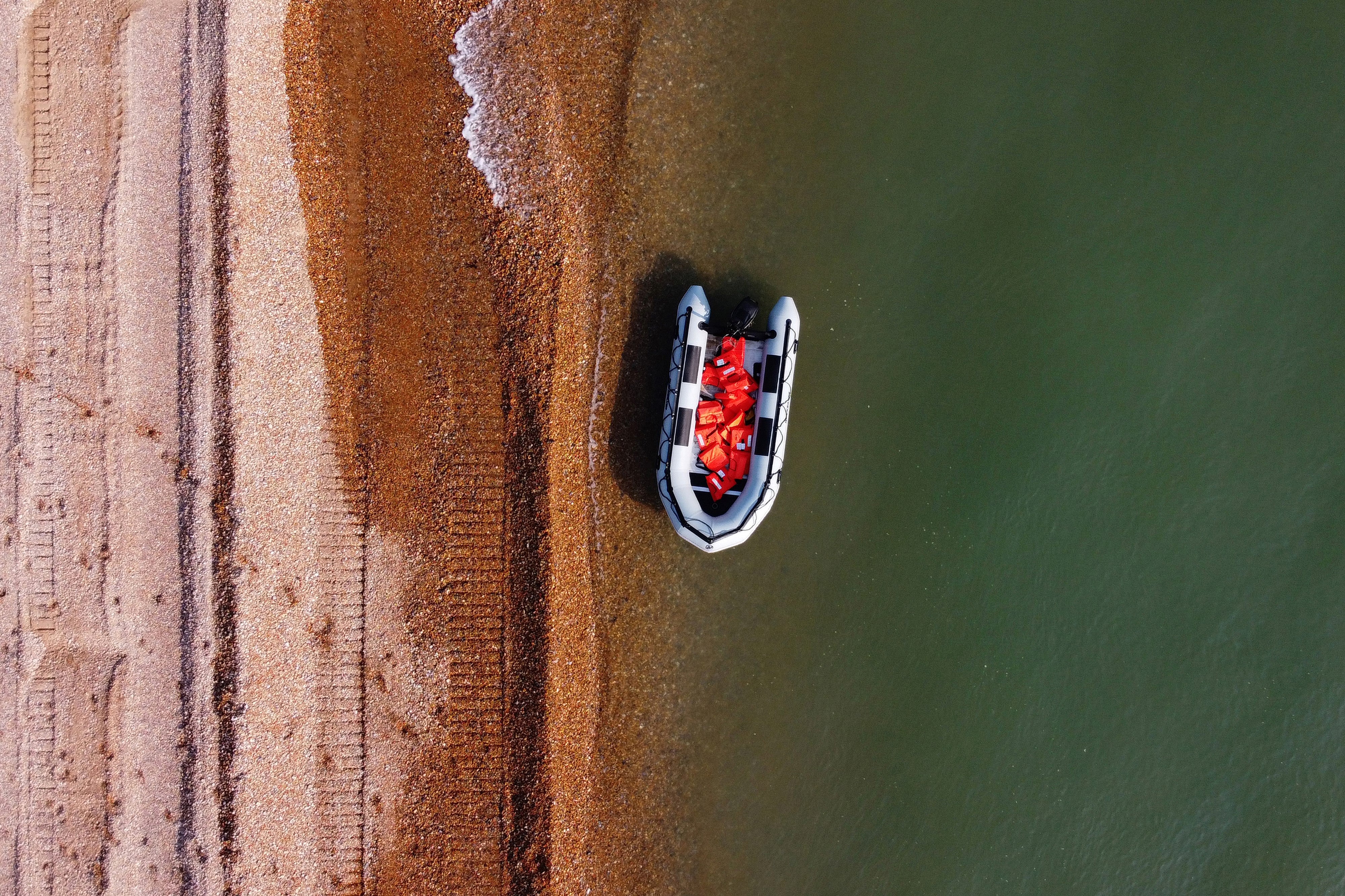 An inflatable boat, used by migrants to cross the Straits of Dover from France to Deal, in Kent