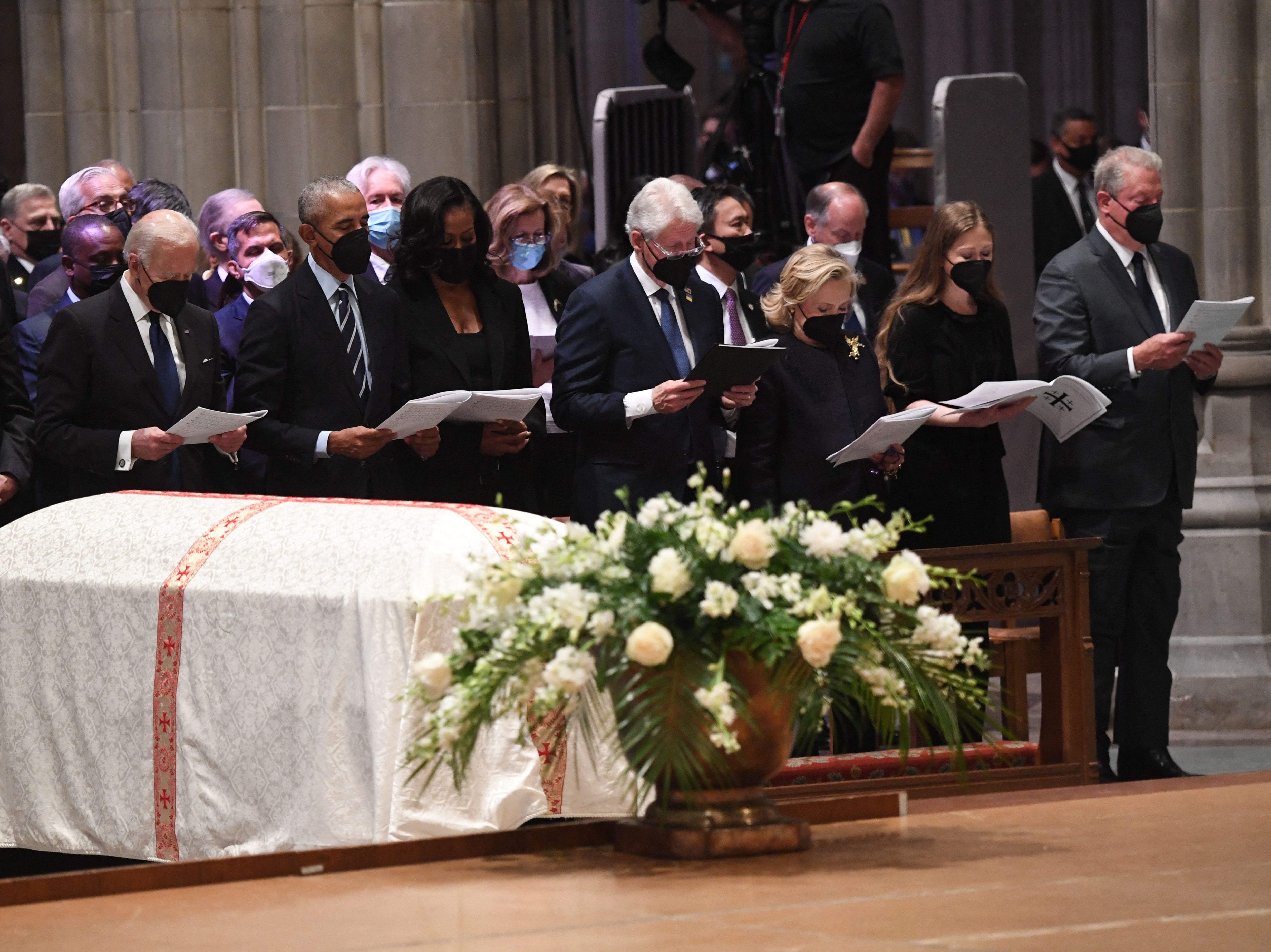 Joe Biden, Barack Obama, Bill Clinton, Hillary Clinton, and Al Gore attend the funeral service for Madeleine Albright