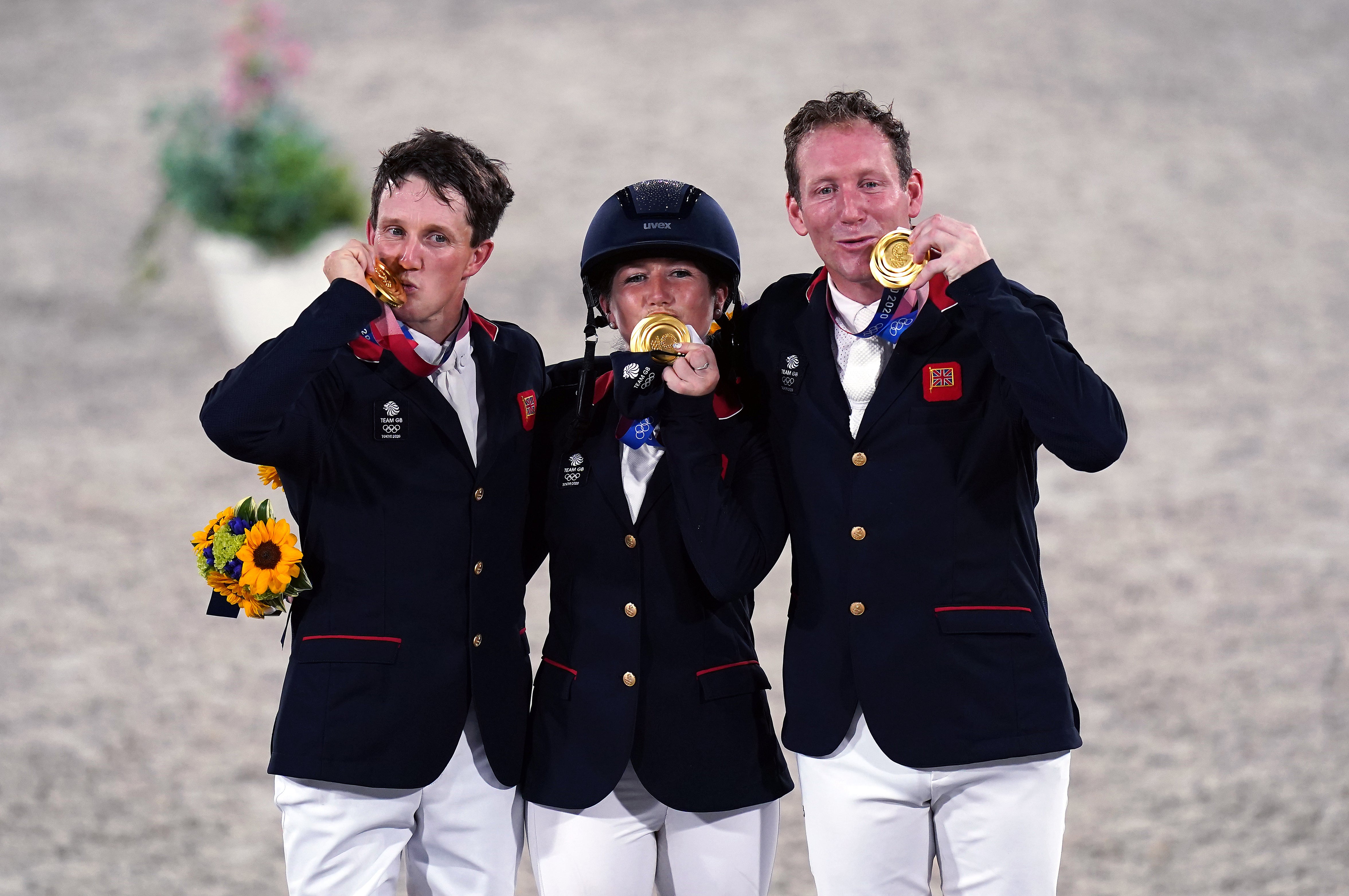 Tom McEwen (left), Laura Collett and Oliver Townend (Adam Davy/PA)