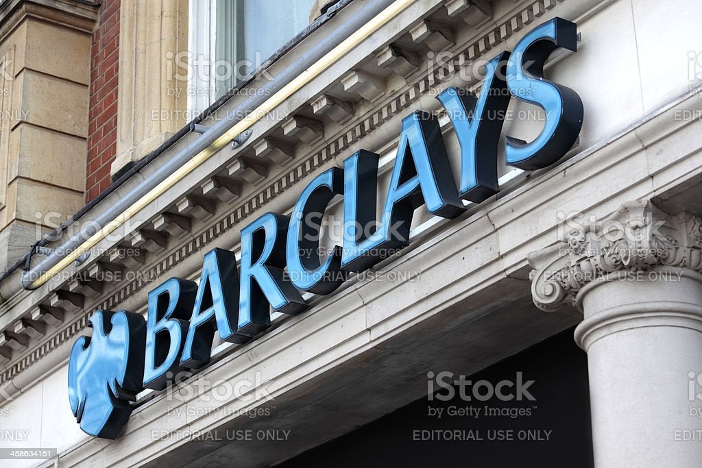 A file image of a sign above the entrance to a branch of Barclays Bank in Knightsbridge London