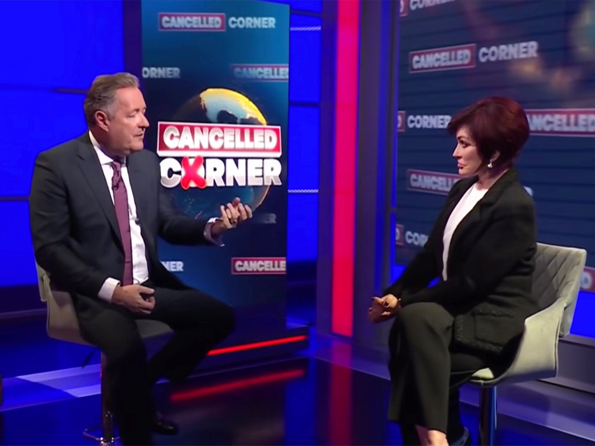 Piers Morgan and Sharon Osbourne during the ‘Cancelled Corner’ segment of Morgan’s flagship TalkTV show