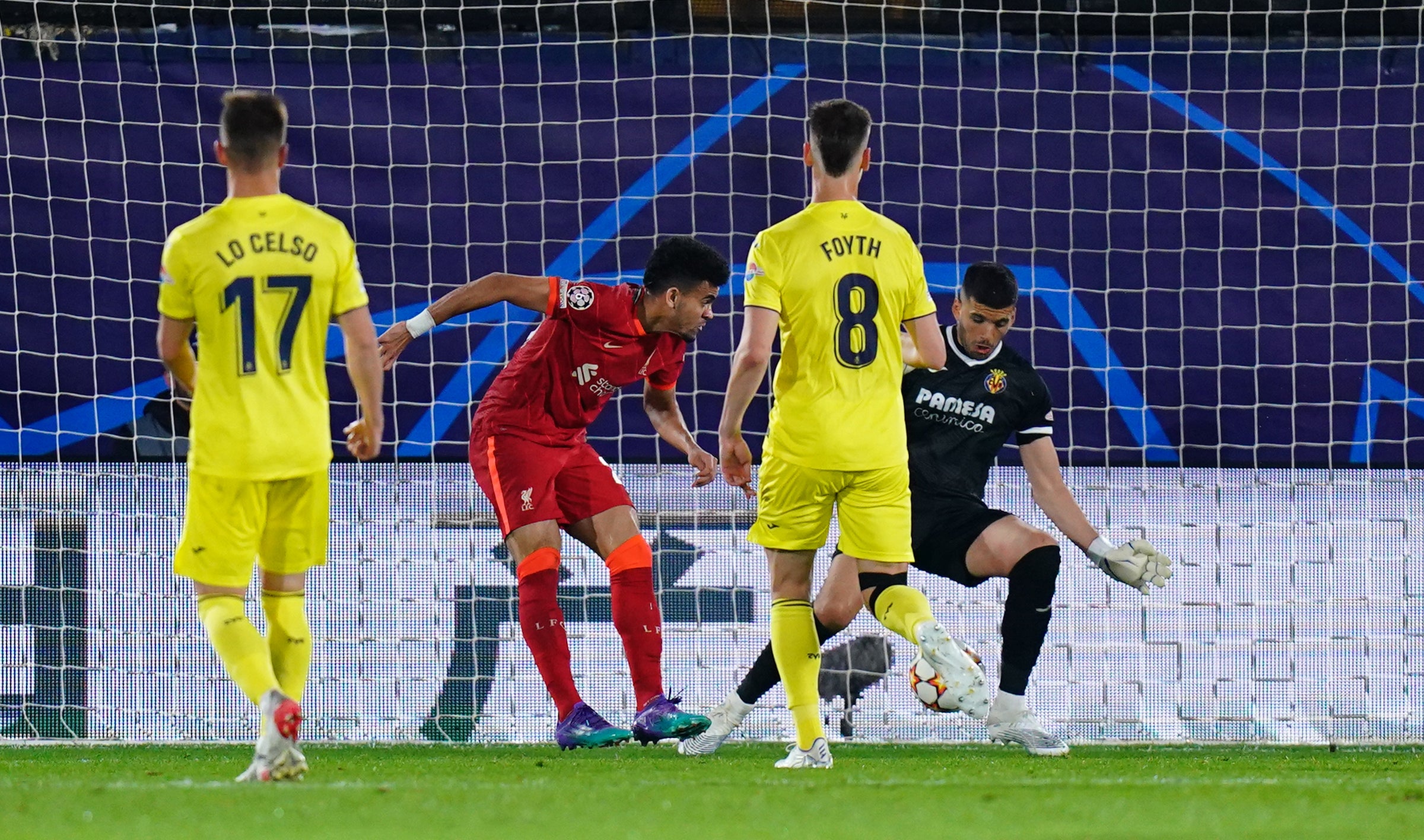 Luis Diaz scoring Liverpool’s second goal of the game at El Madrigal (Adam Davy/PA)