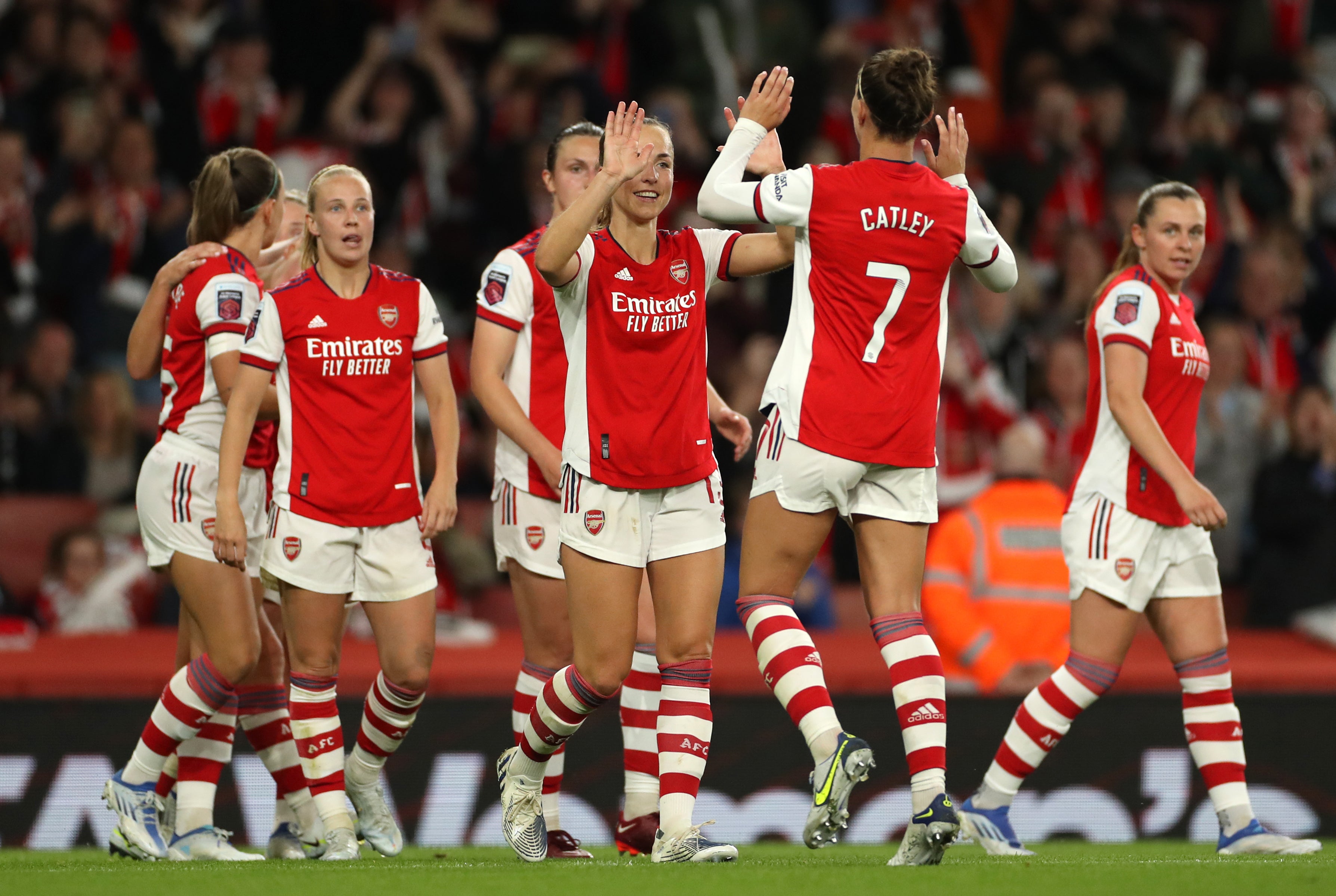 Caitlin Foord, centre, hit a late double as Arsenal beat Tottenham in the Women’s Super League (Bradley Collyer/PA)