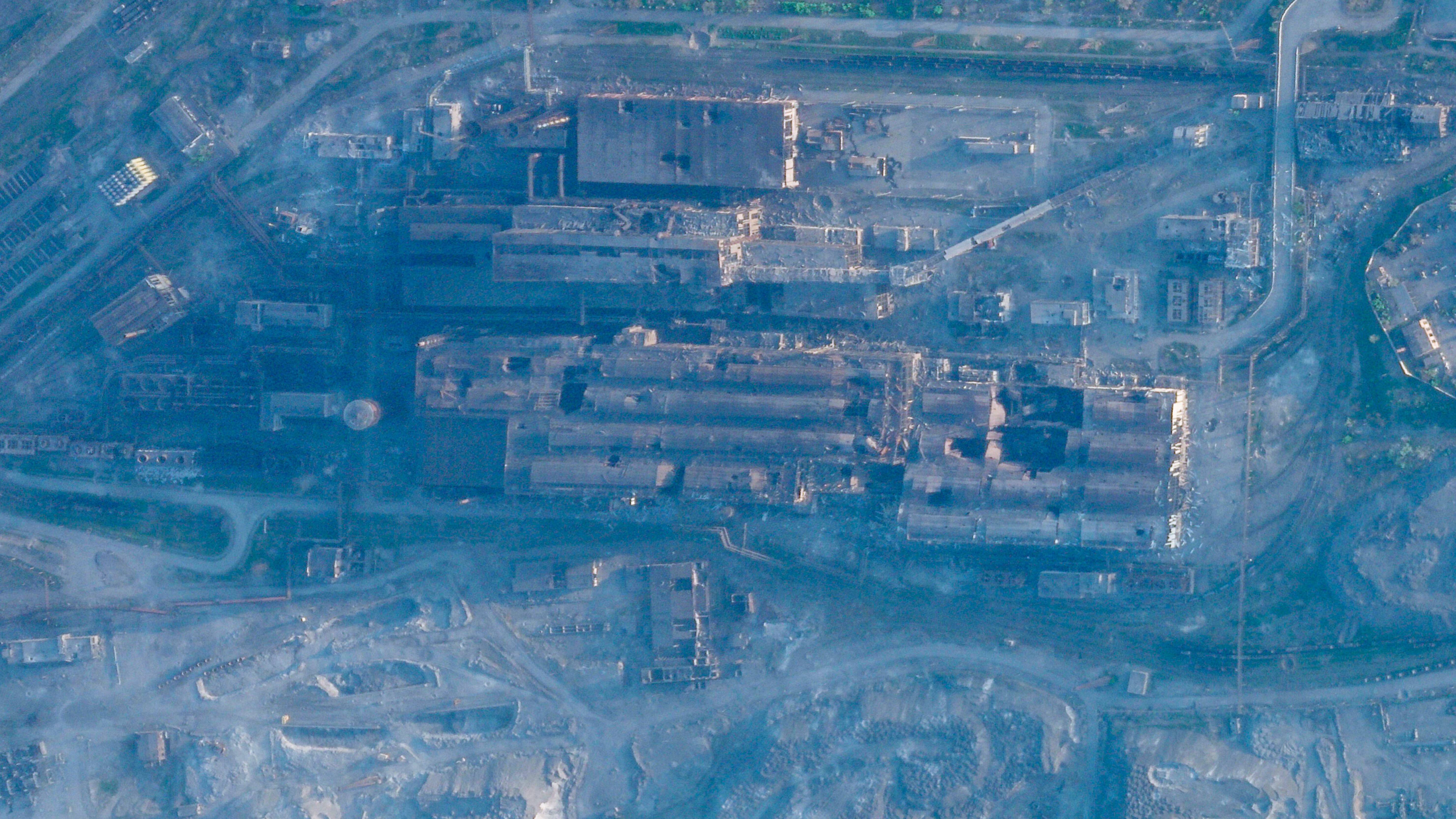 A satellite image shows damage at the Azovstal steelworks in Mariupol after Russian forces began storming the bombed-out steel mill