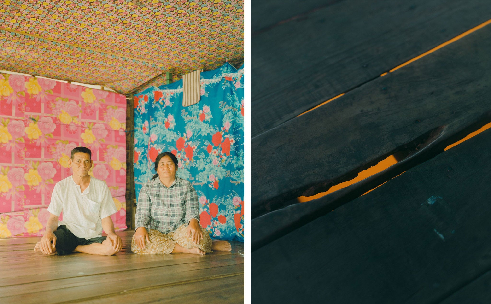 Left, the Paen family’s home; right, water seen through the floorboard of a floating home