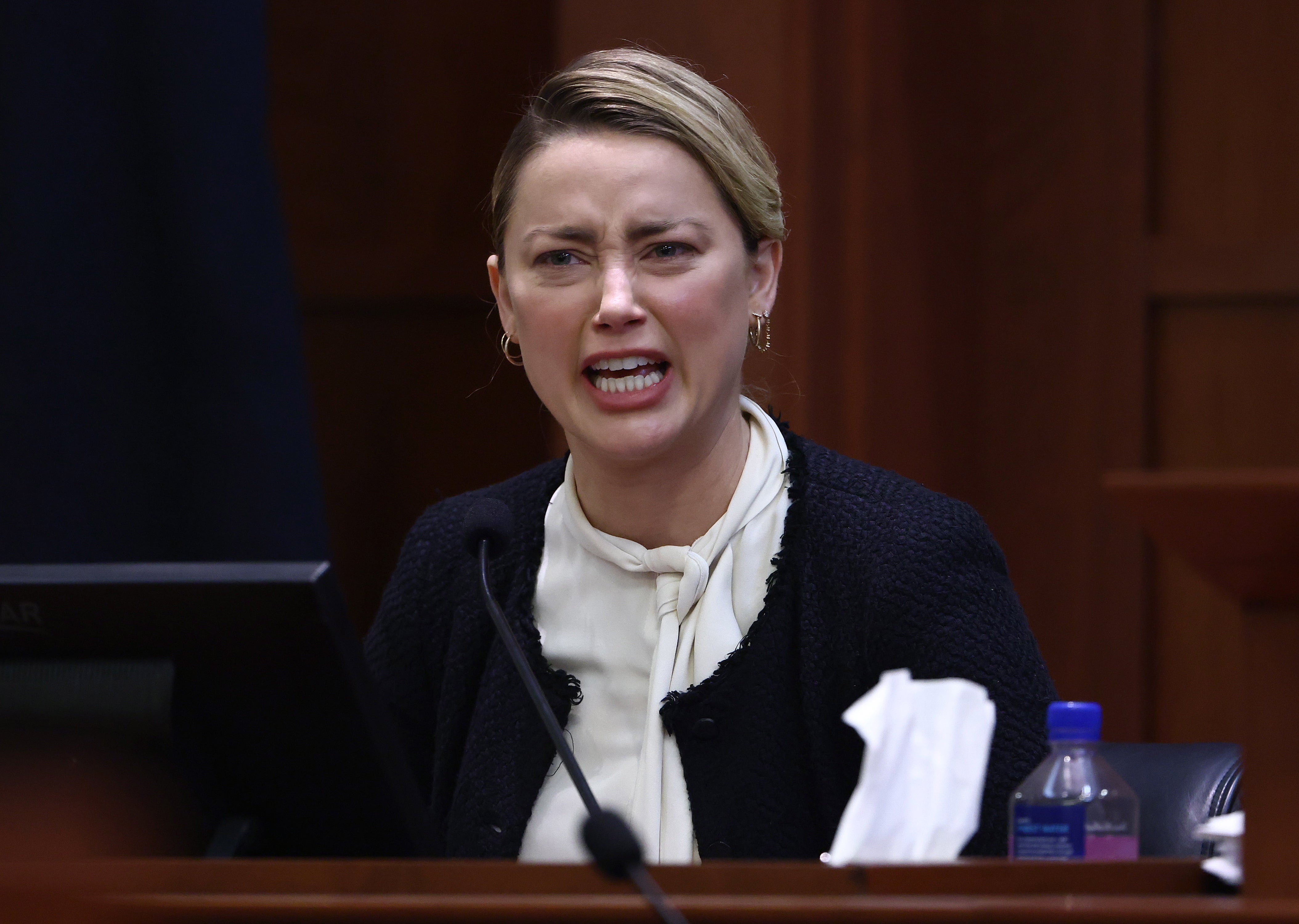 US actress Amber Heard reacts on the stand during the 50 million US dollar Depp vs Heard defamation trial at the Fairfax County Circuit Court in Fairfax, Virginia, USA, 05 May 2022