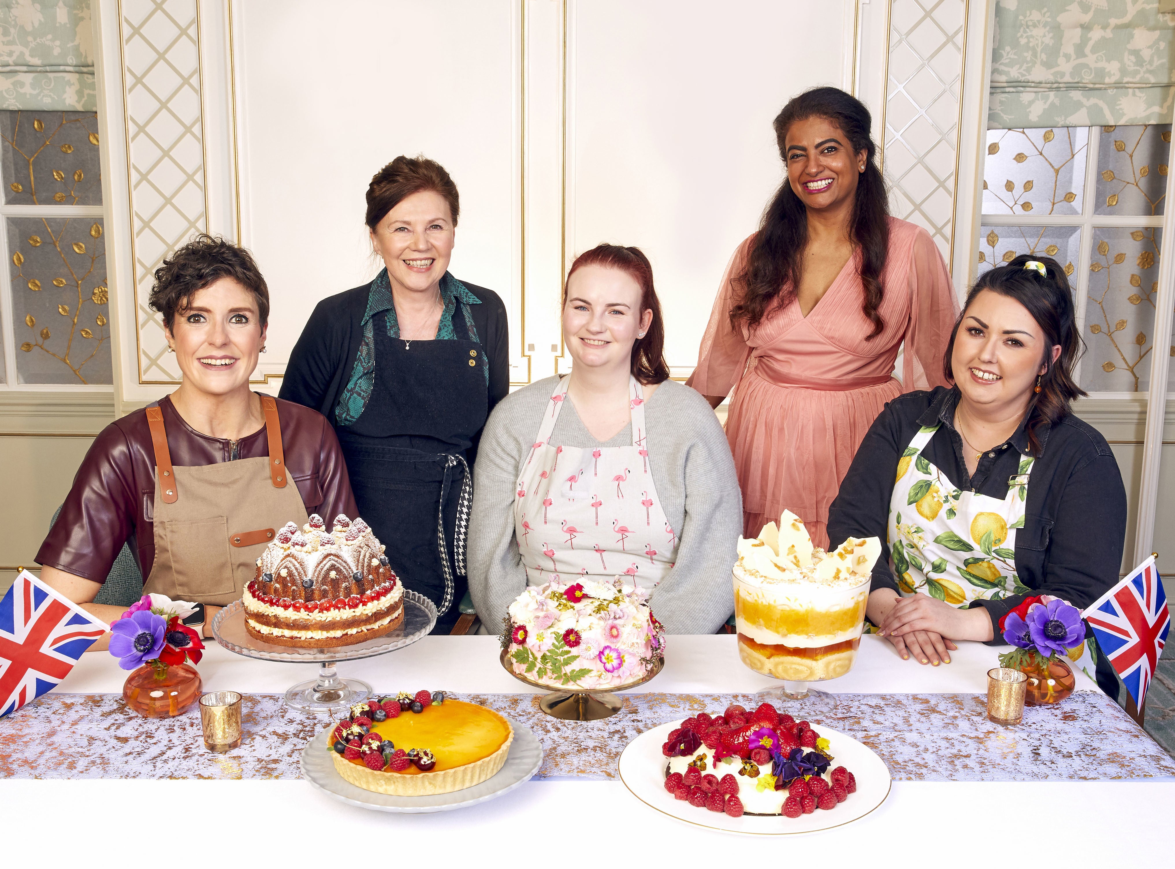 The finalists of the contest, Sam, Susan, Kathryn, Shabnam, Jemma with their puddings (BBC/PA)