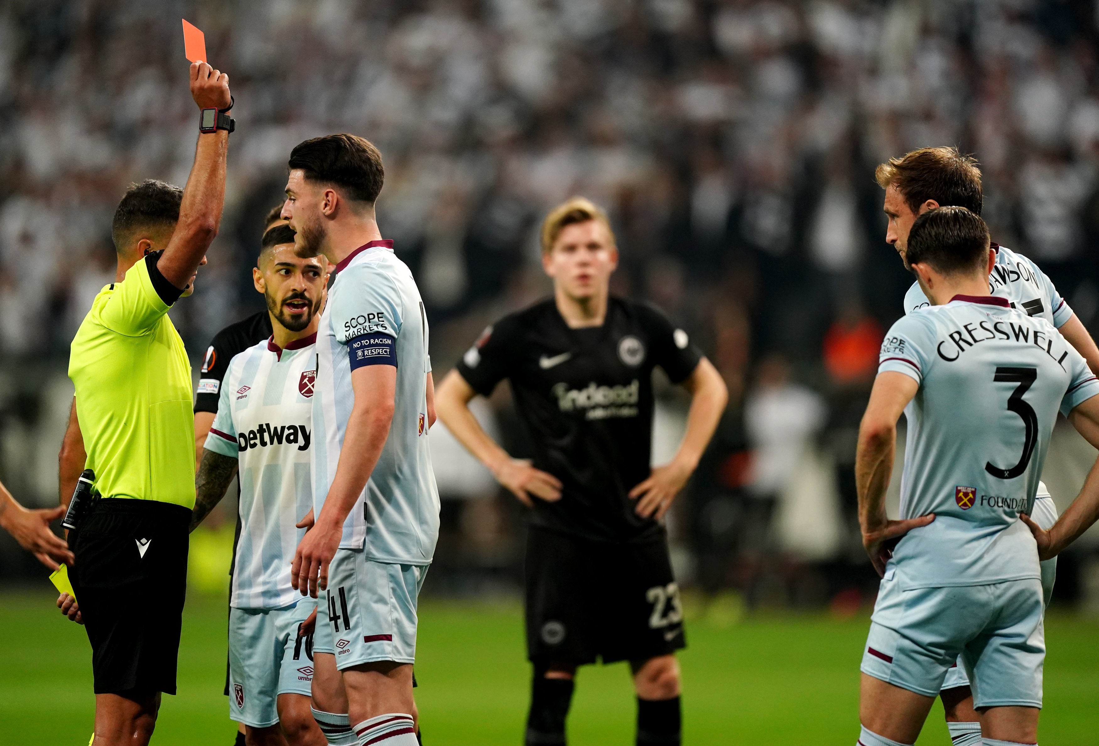 Aaron Cresswell was sent off as West Ham crashed out